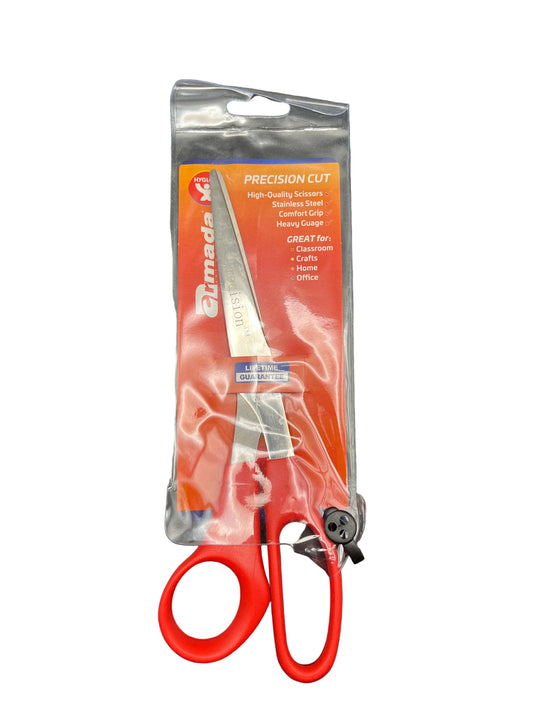Red-handled scissors with packaging on a black background
