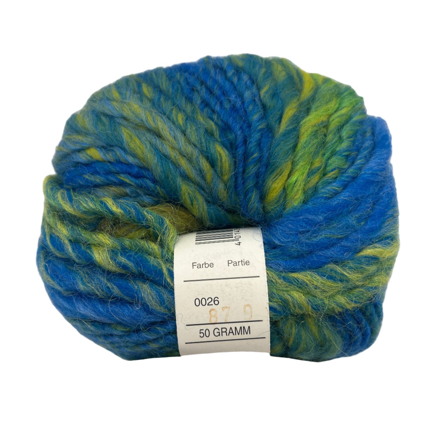 Blue and green yarn ball with a label on a white background