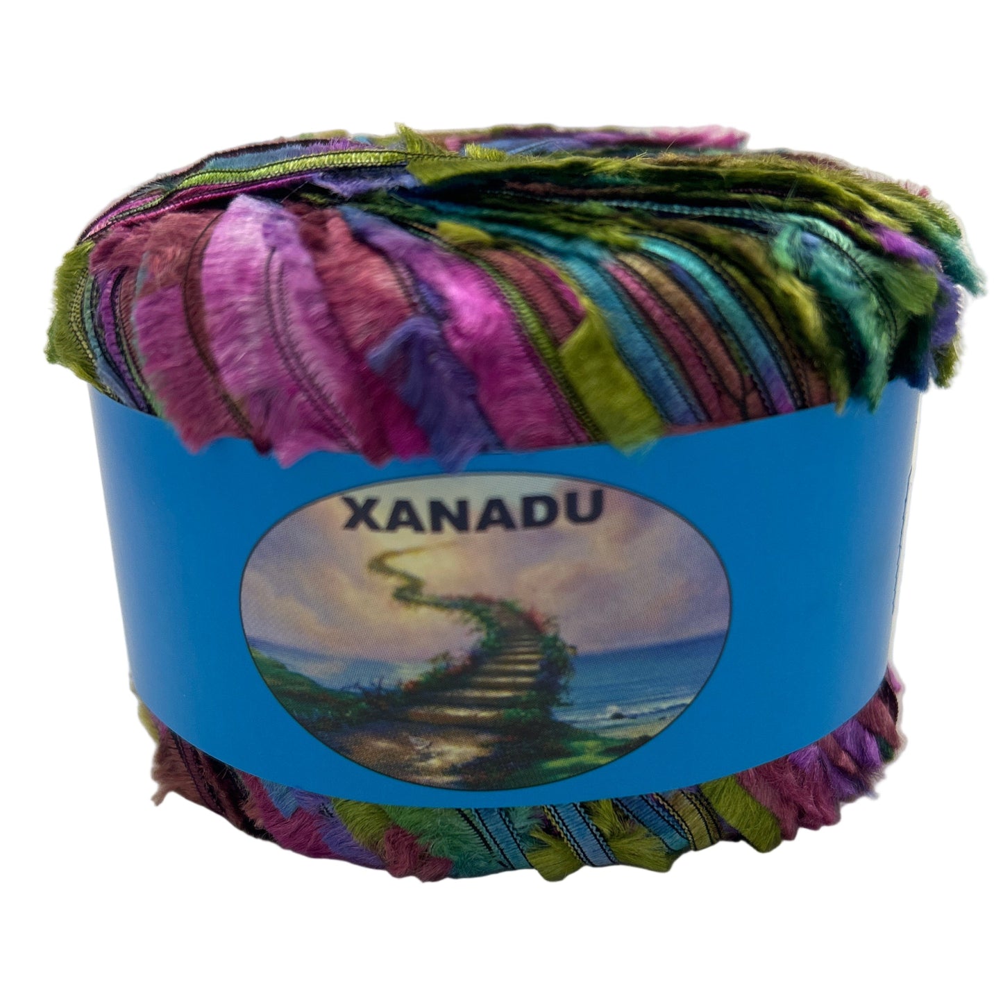 Multicolored yarn ball with a blue Xanadu label on a white background