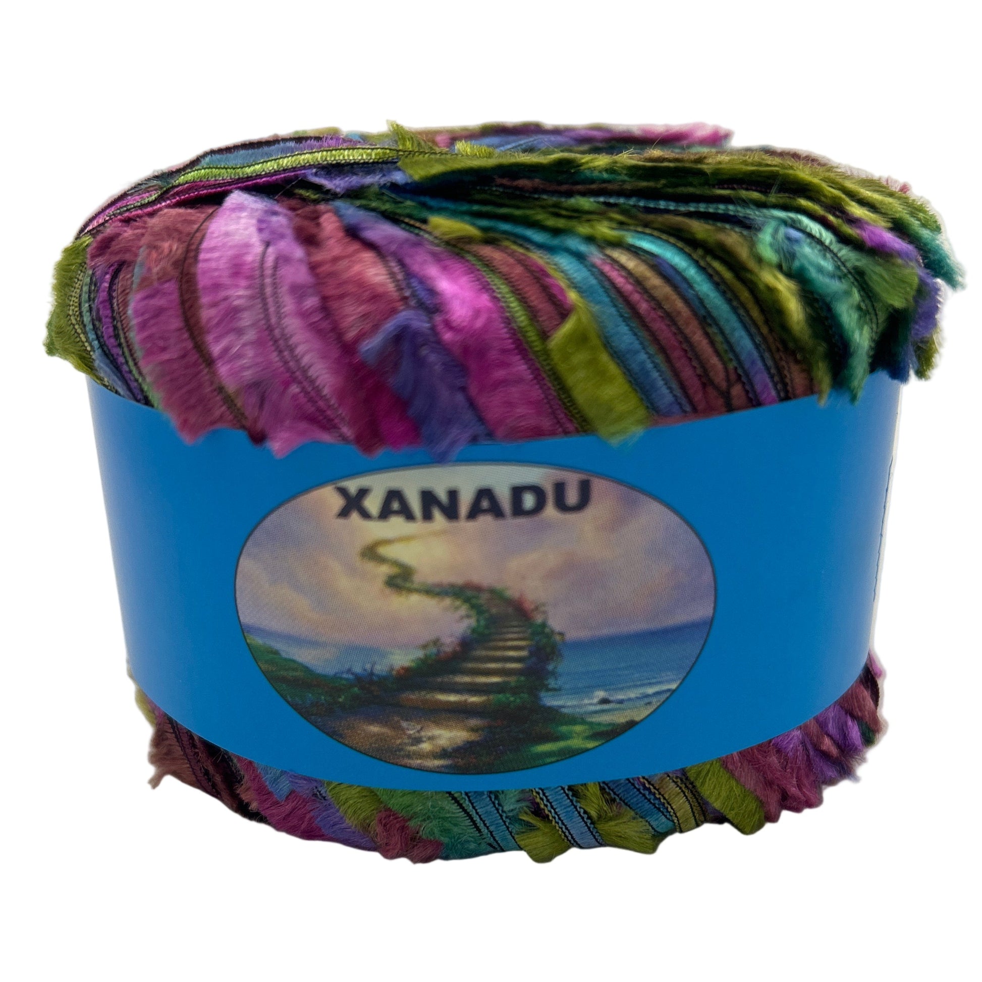 Multicolored yarn ball with a blue Xanadu label on a white background