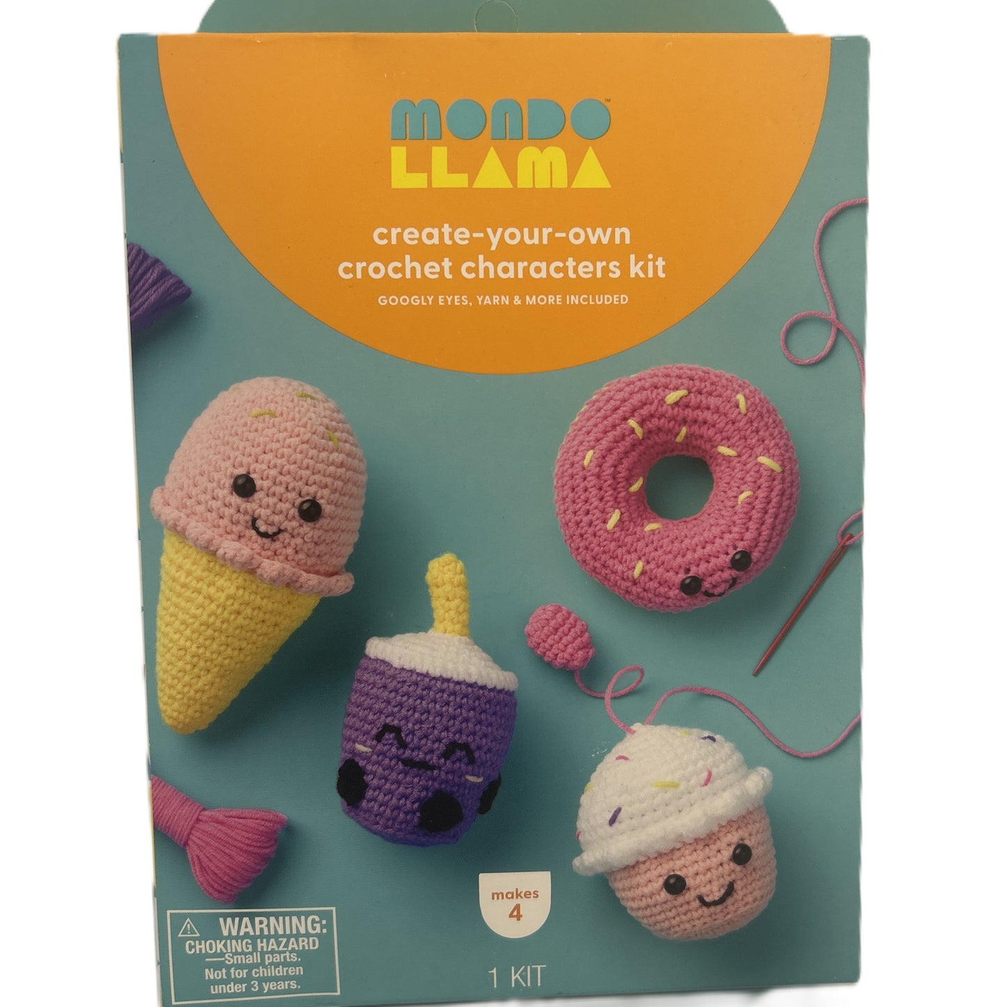Mondo Llama crochet characters kit packaging with ice cream, donut, and cupcake toys on a teal background.