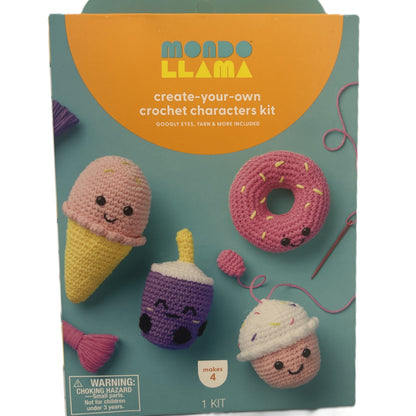 Mondo Llama crochet characters kit packaging with ice cream, donut, and cupcake toys on a teal background.
