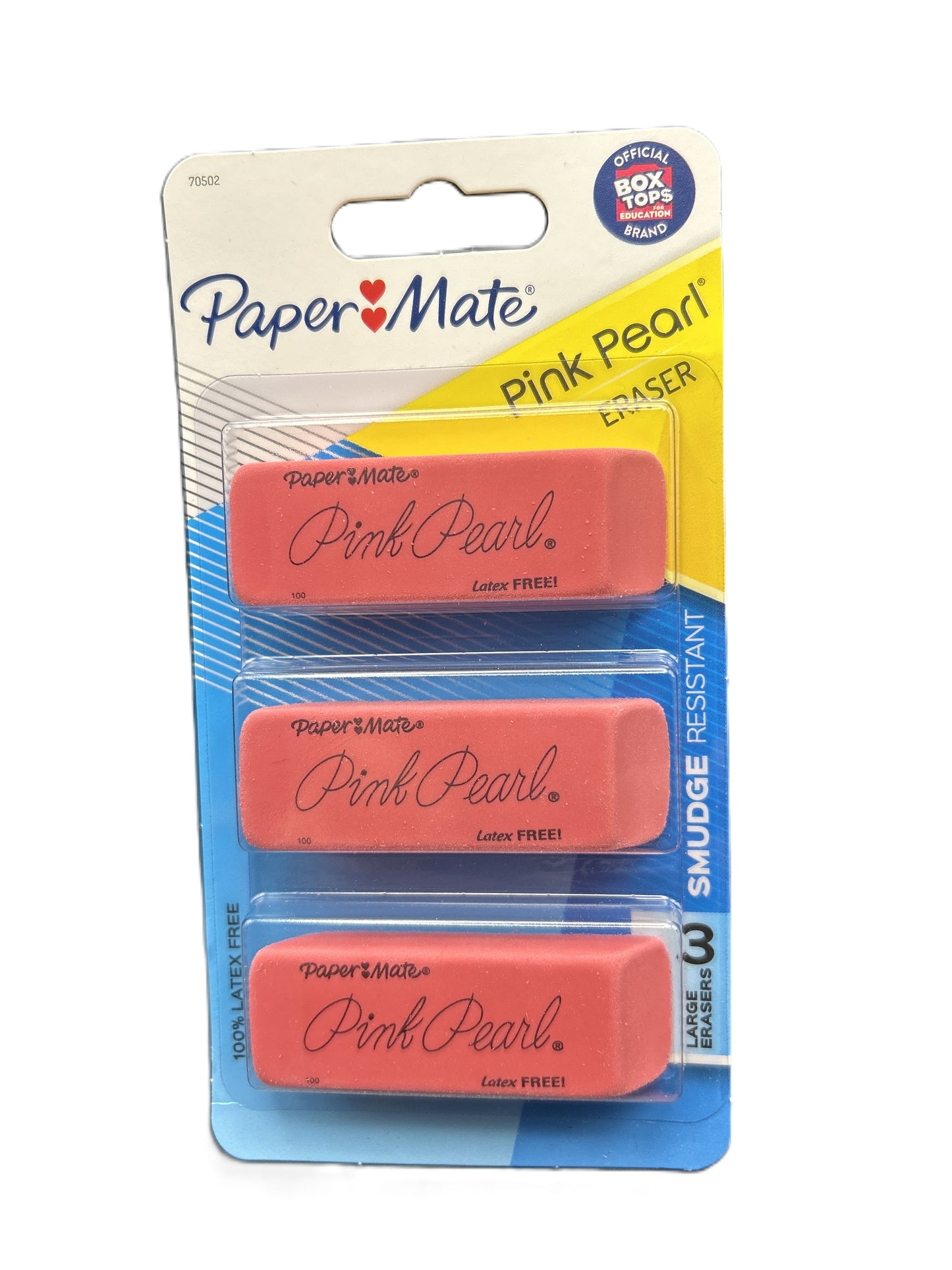 Three Paper Mate Pink Pearl erasers in a package on a white background