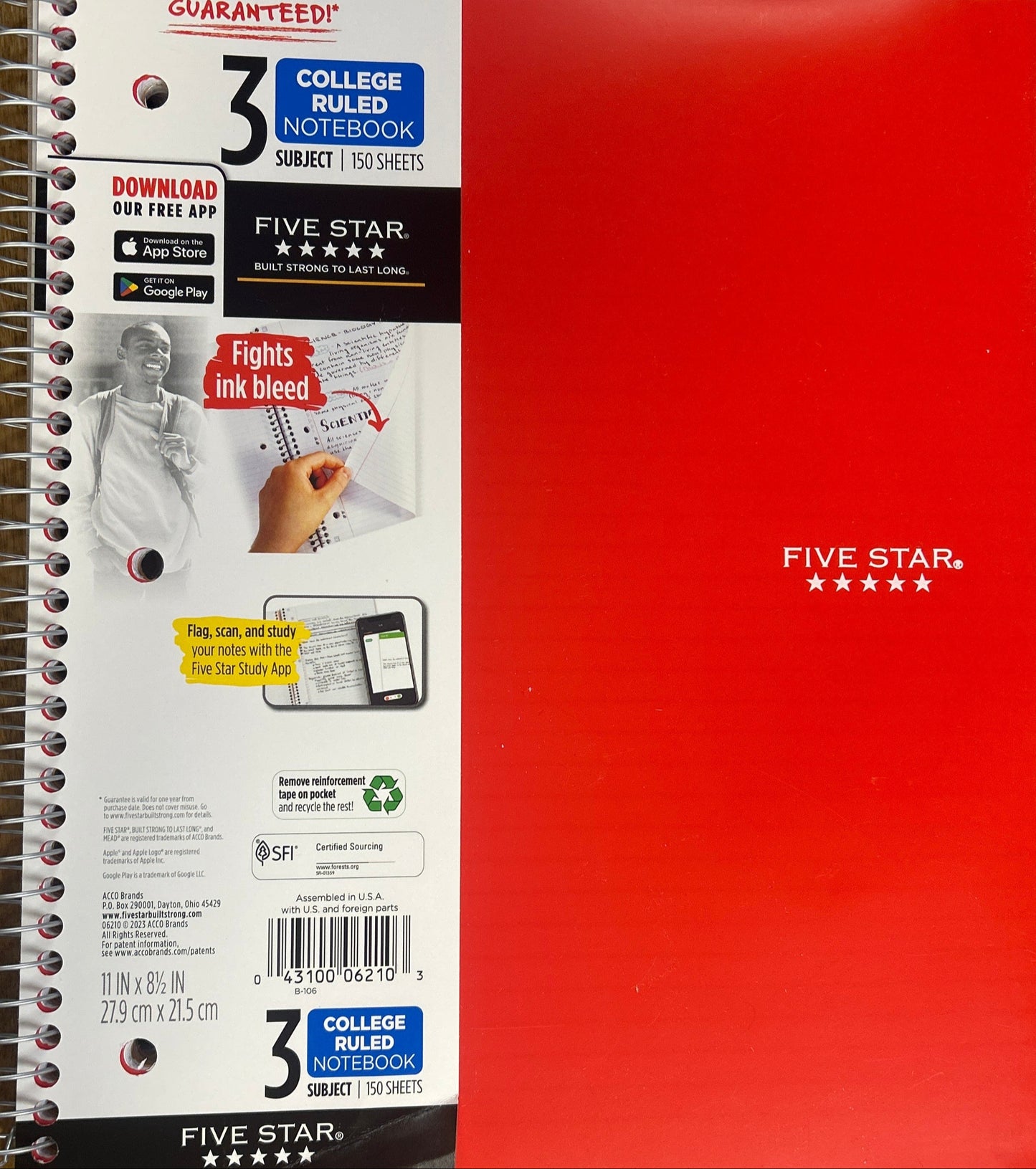 Five Star notebook with red cover and white label on a red background