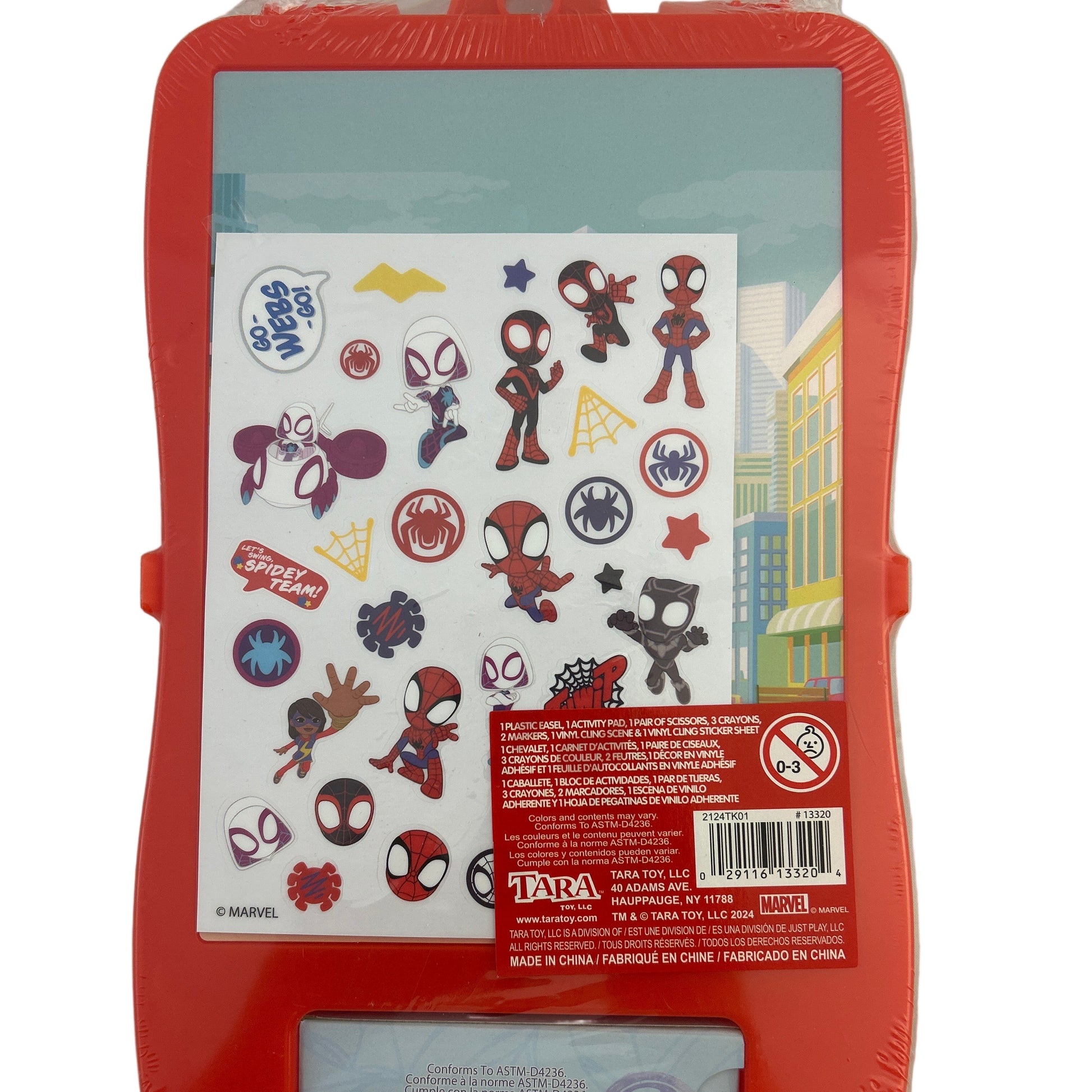 Spider-Man themed sticker set in red packaging with character illustrations on a white background