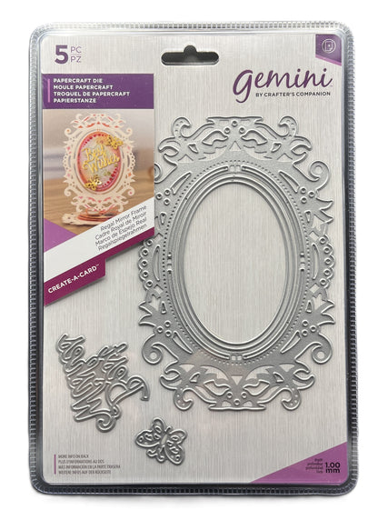 Packaged Gemini paper craft die set with decorative elements on a white background
