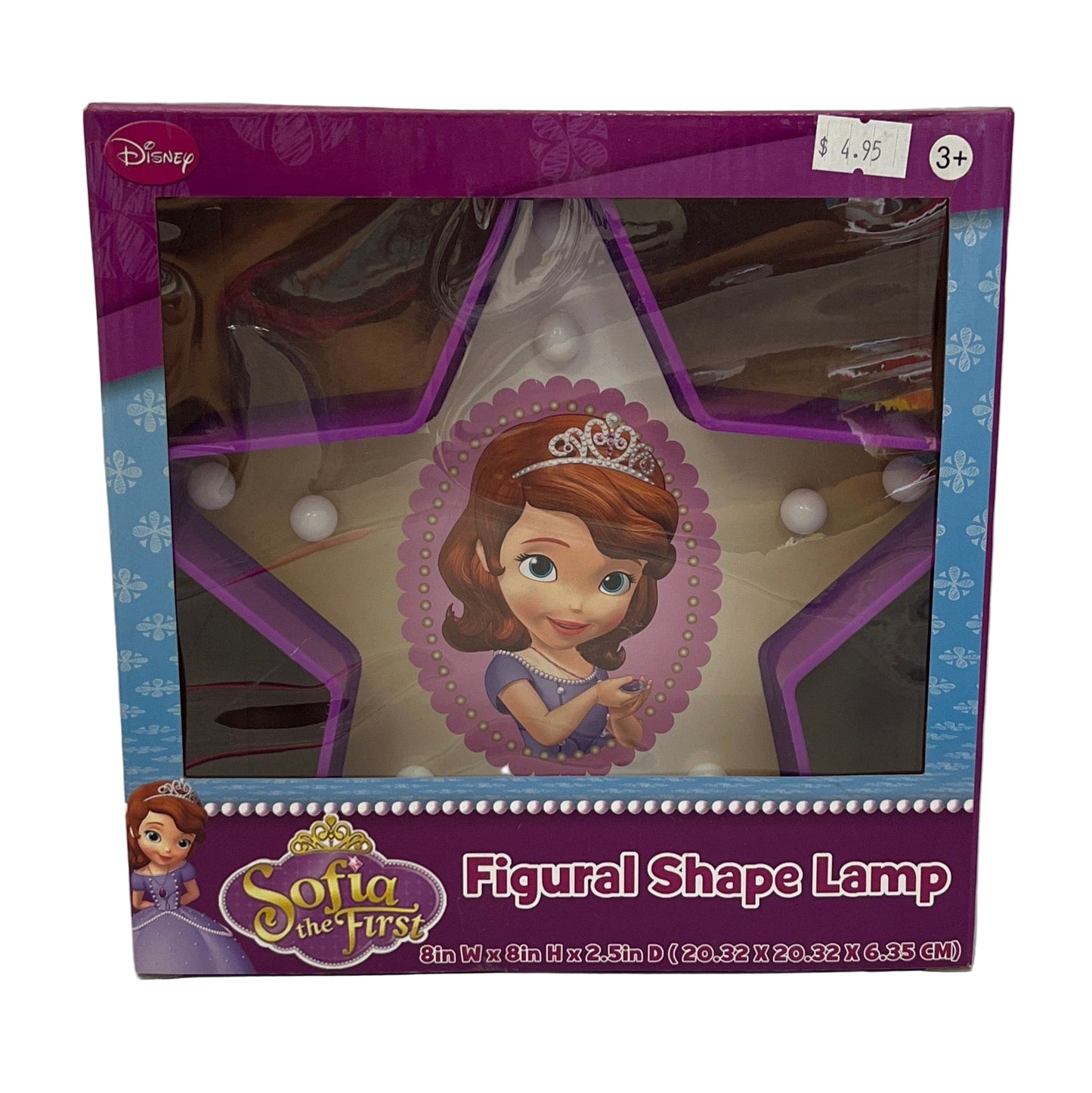 Disney Sofia the First figurine shape lamp packaging with purple and blue design.
