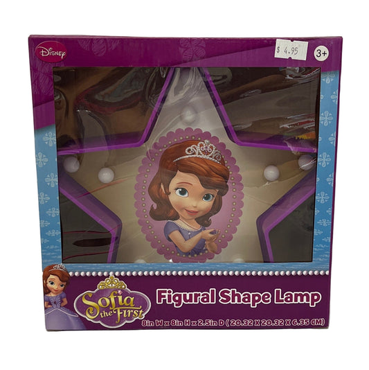 Disney Sofia the First figurine shape lamp packaging with purple and blue design.