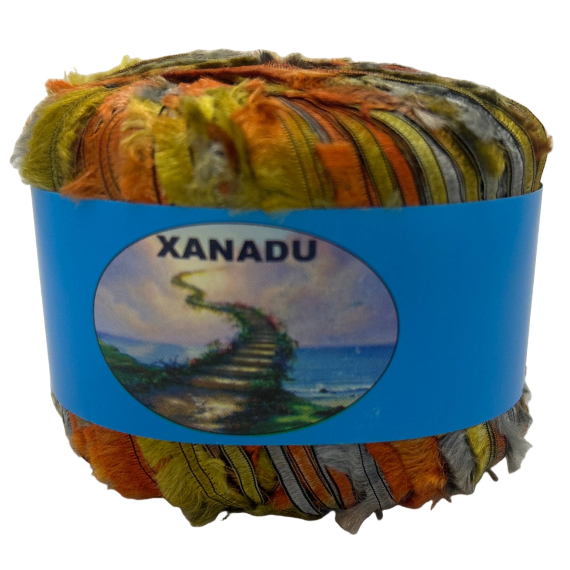 Multicolored yarn ball with a 'Xanadu' label on a white background