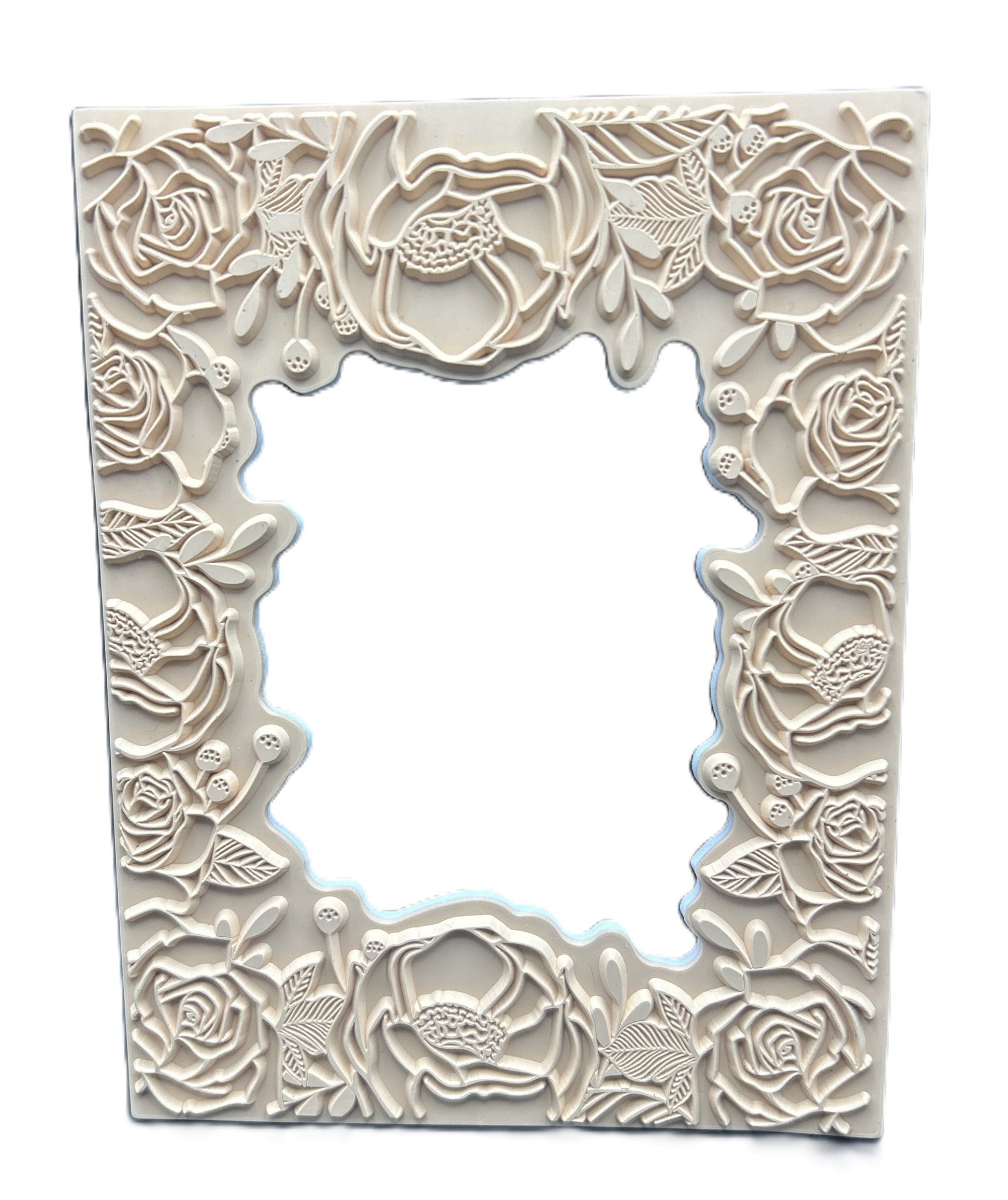 Decorative white frame with floral patterns on a white background