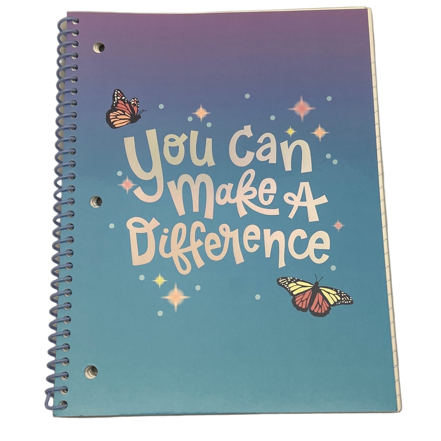 Notebook with 'You can make a difference' text and butterfly illustrations on a gradient cover.