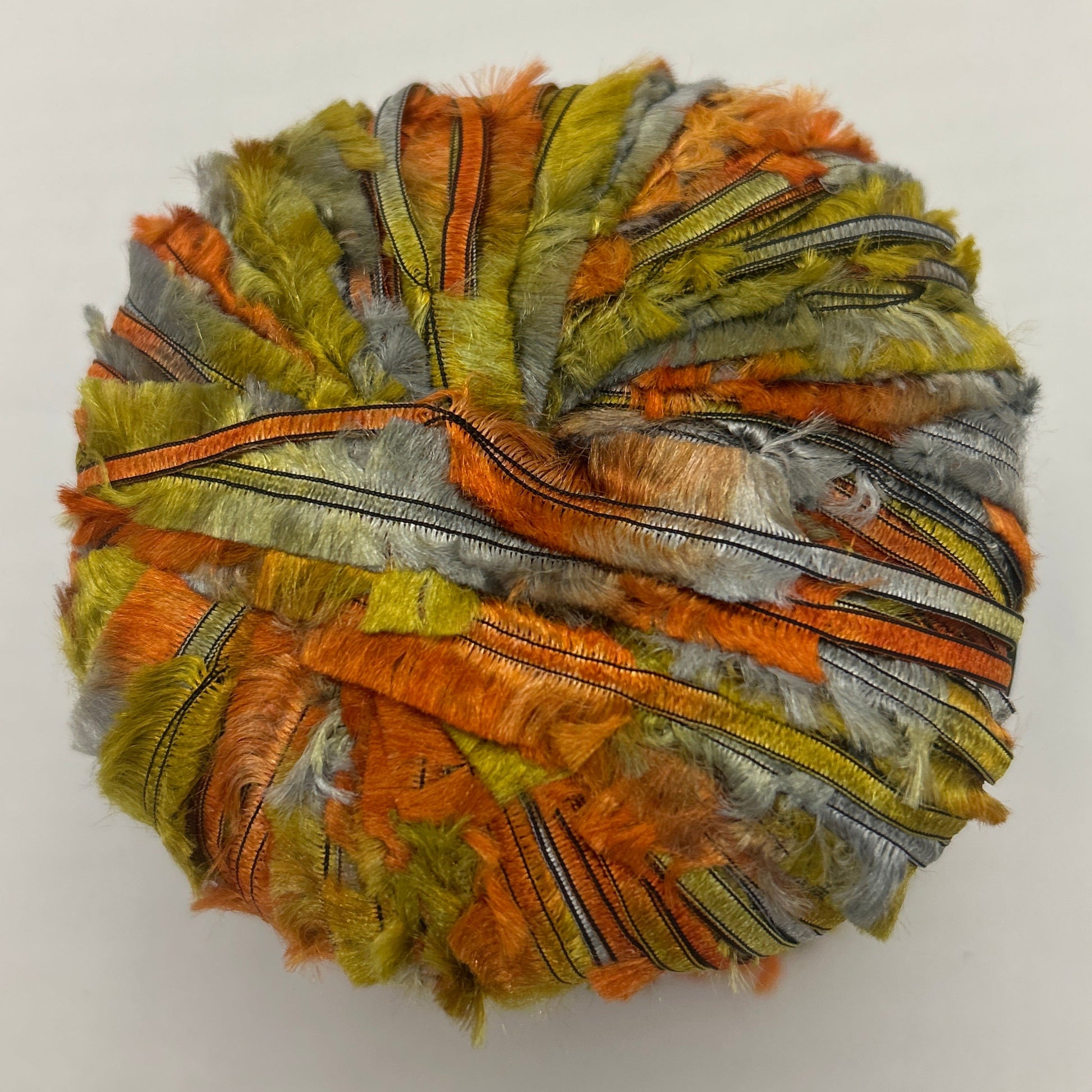 Ball of multicolored yarn on a white background