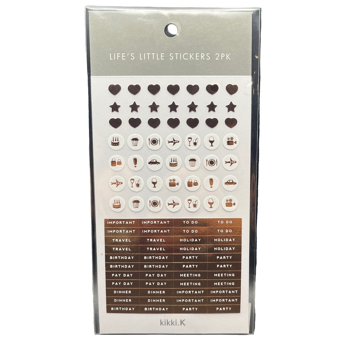 Packaging of Kikki.K stickers with various icons and text on a white background