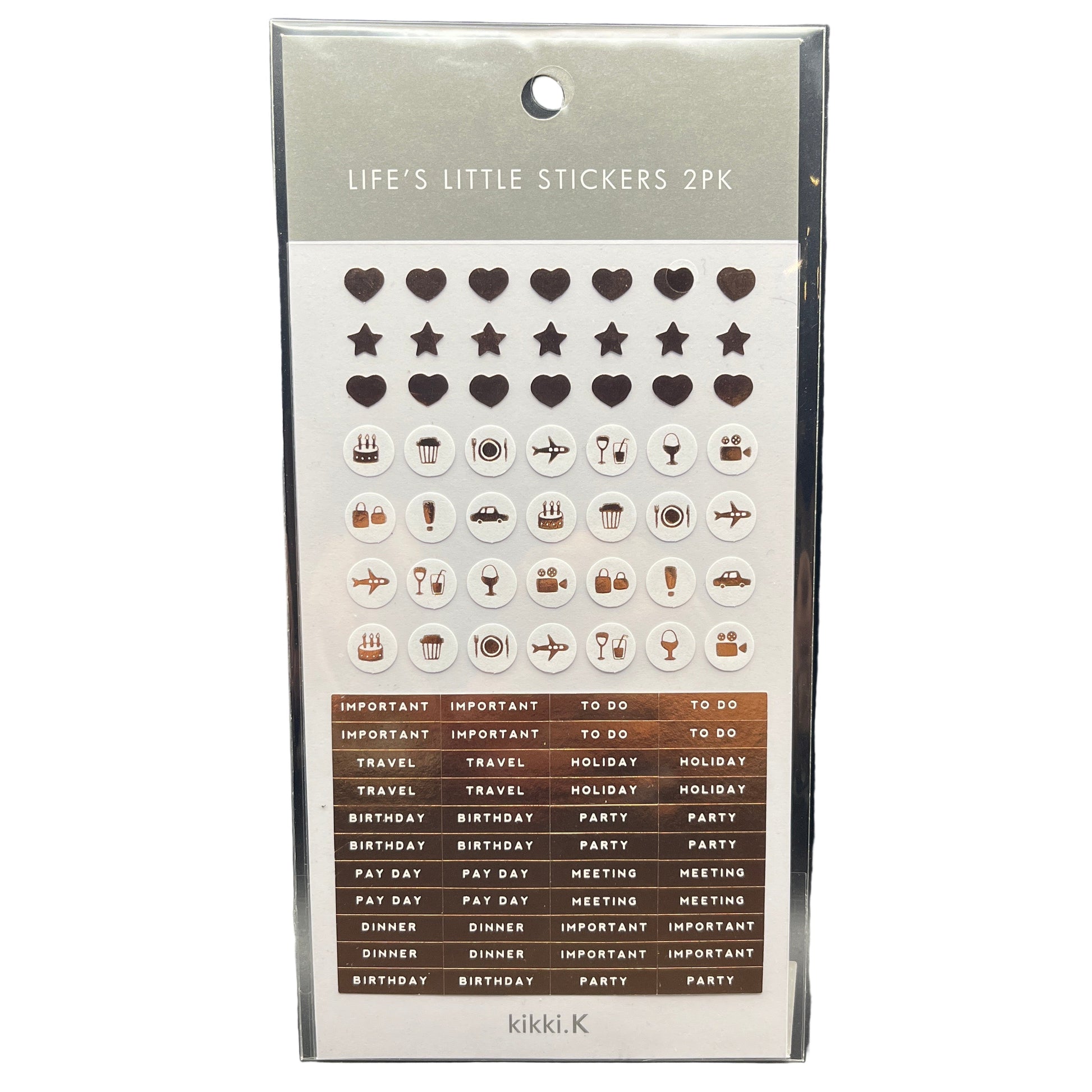 Packaging of Kikki.K stickers with various icons and text on a white background