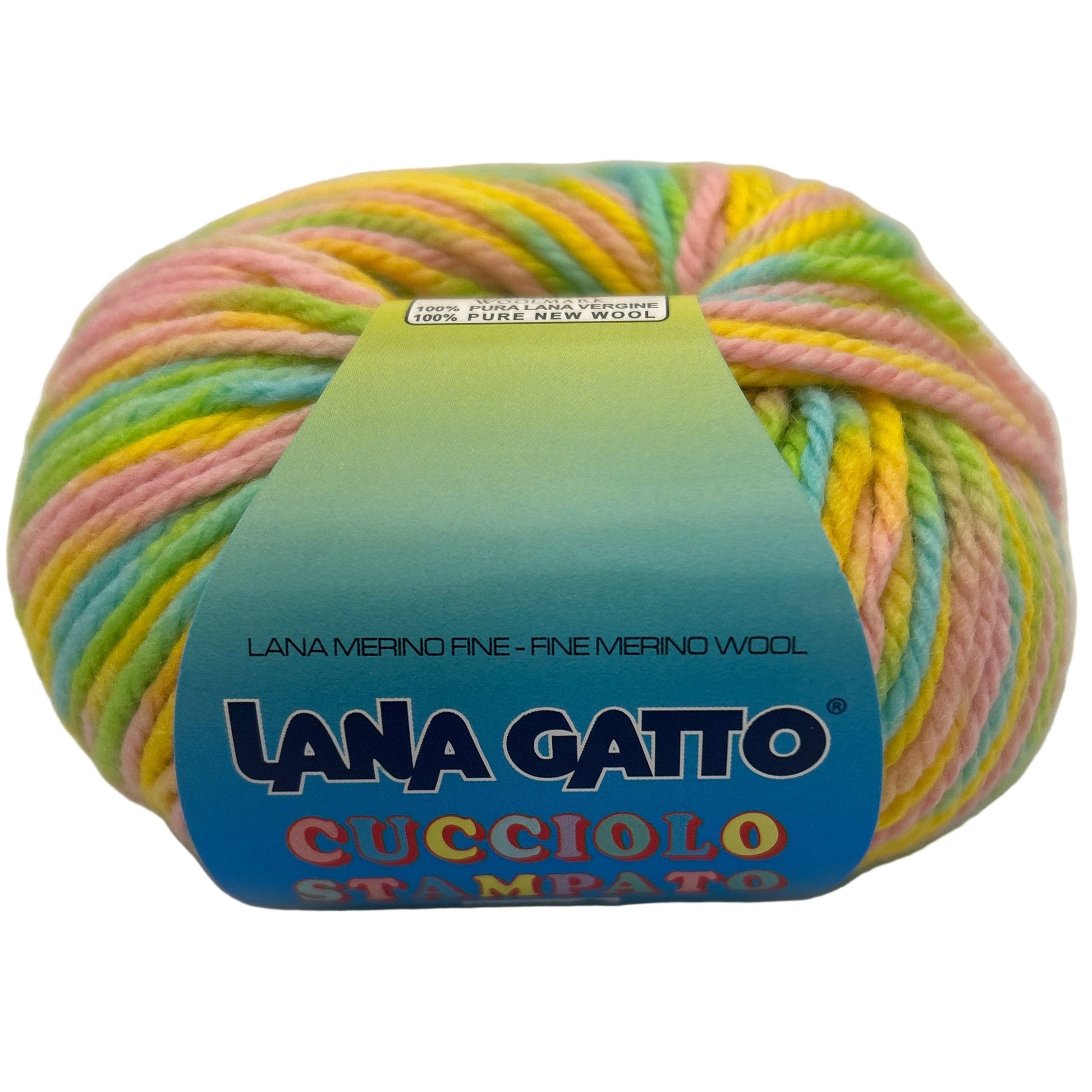 Ball of colorful yarn with 'Lana Gatto' label on a white background