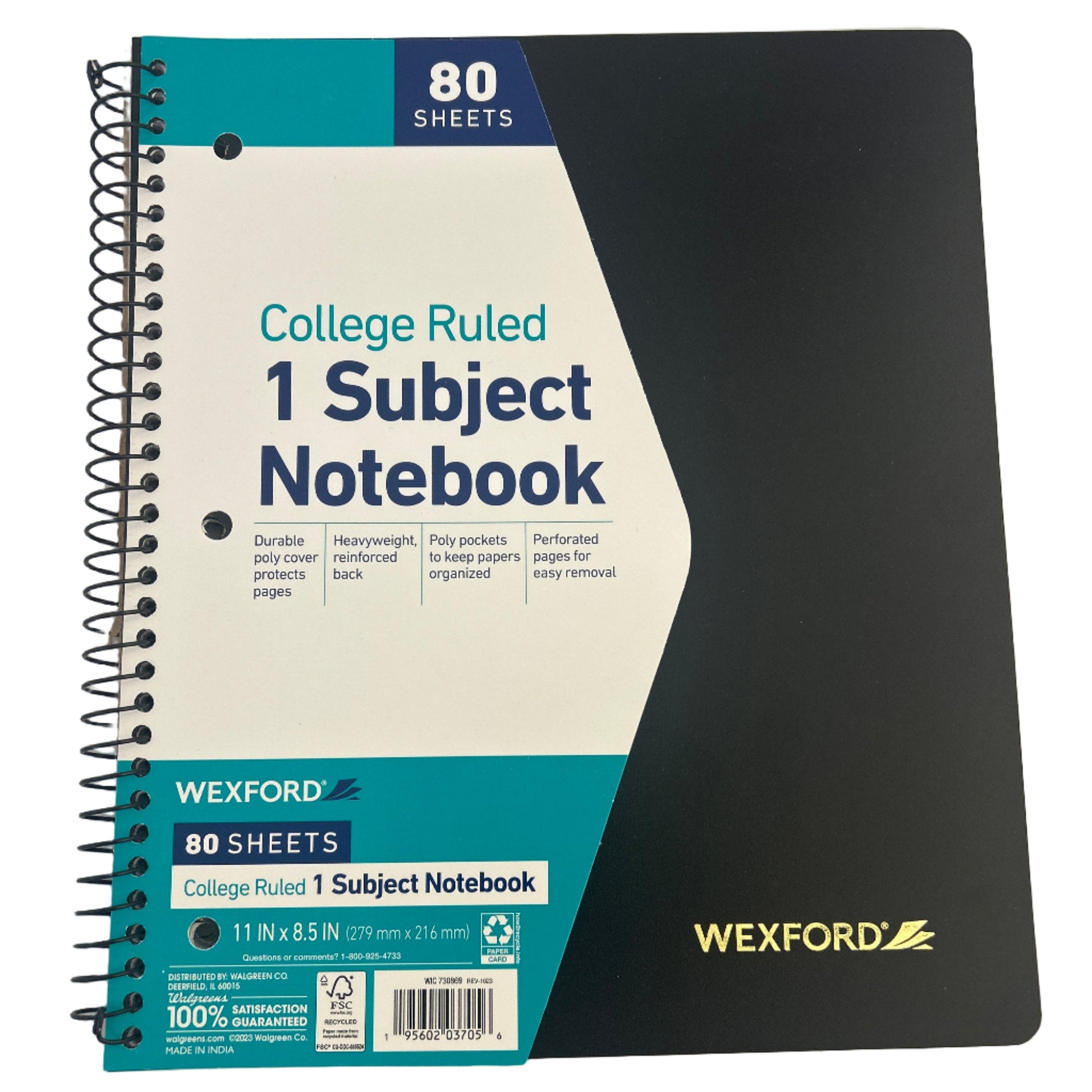 Wexford one subject notebook with black cover and blue spine on a white background