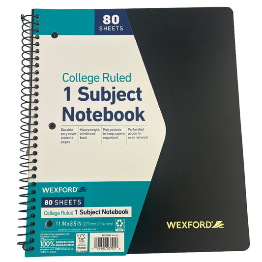 Wexford one subject notebook with black cover and blue spine on a white background