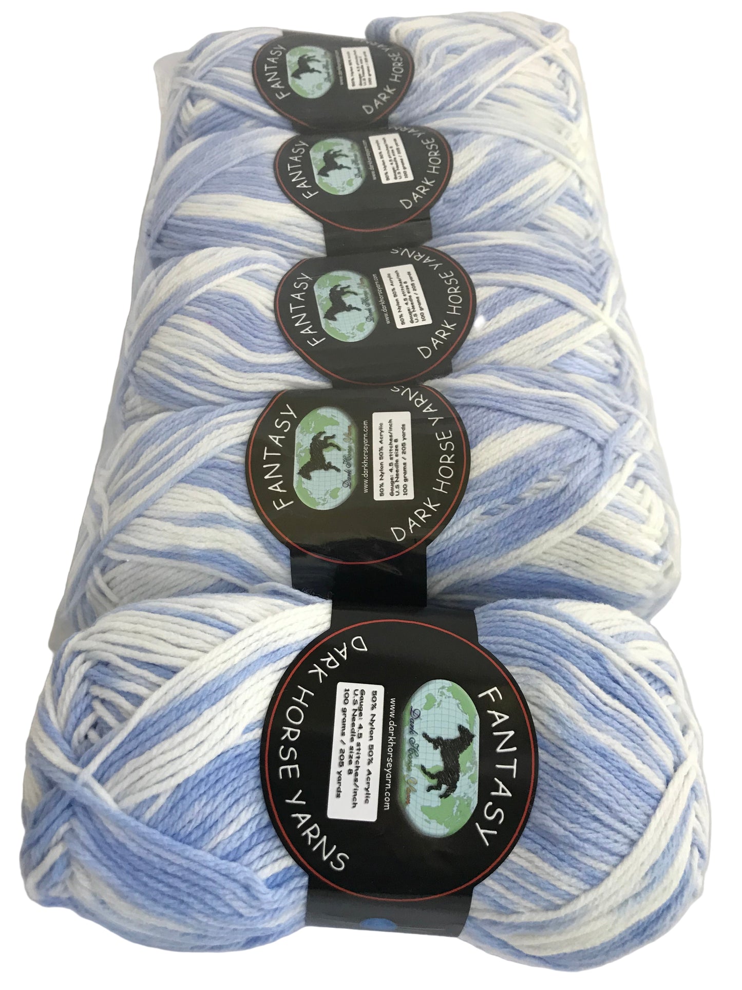 Pack of blue and white yarn with 'Fantasy' label on a white background