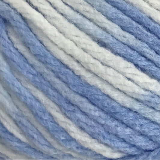 Close-up of blue and gray yarn with horizontal stripes