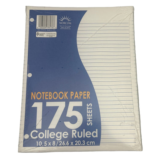 Pack of notebook paper with blue label and white pages on a white background