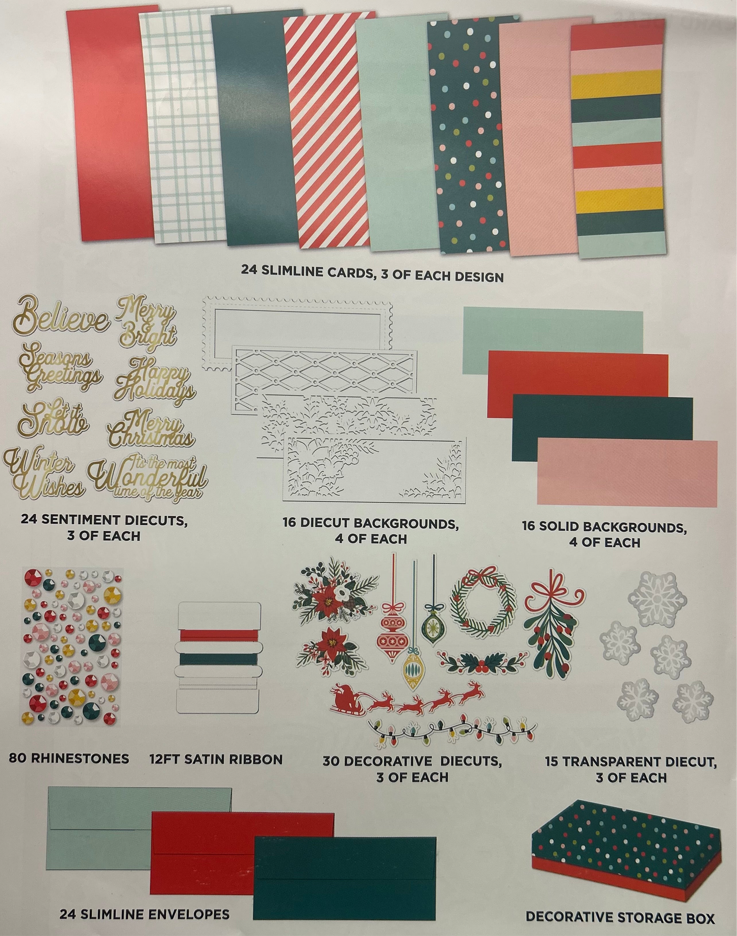 Assortment of craft supplies including cards, sentiments, and decorative elements on a white background.