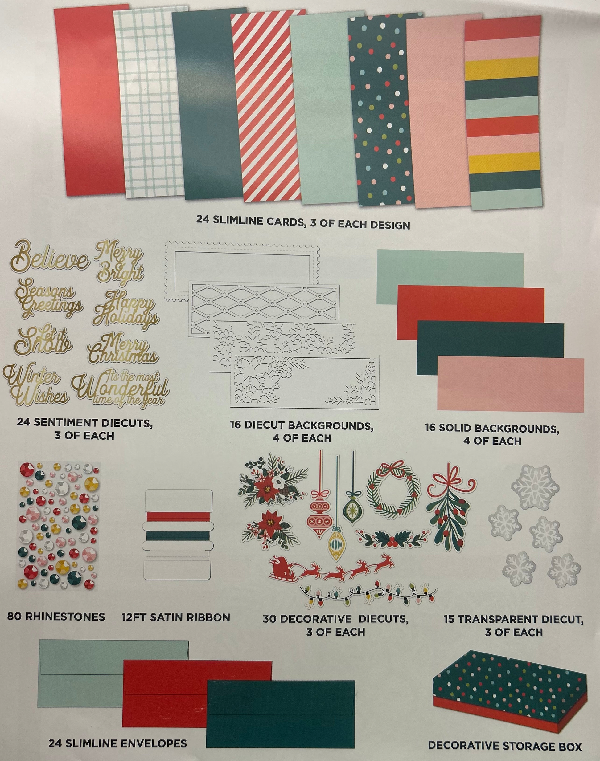Assortment of craft supplies including cards, sentiments, and decorative elements on a white background.