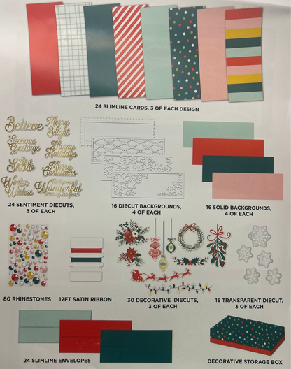 Assortment of craft supplies including cards, sentiments, and decorative elements on a white background.