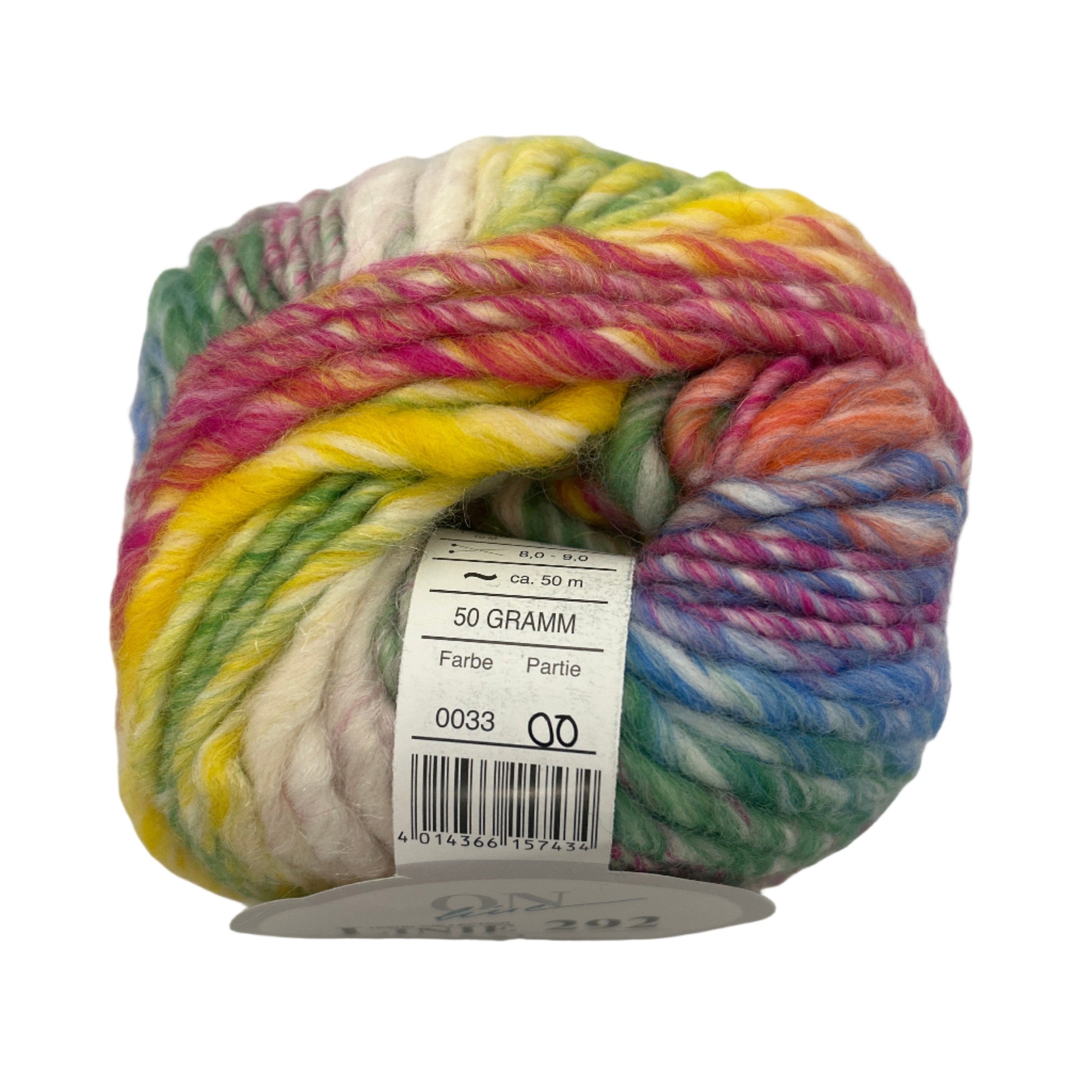Multicolored skein of yarn with a label on a white background