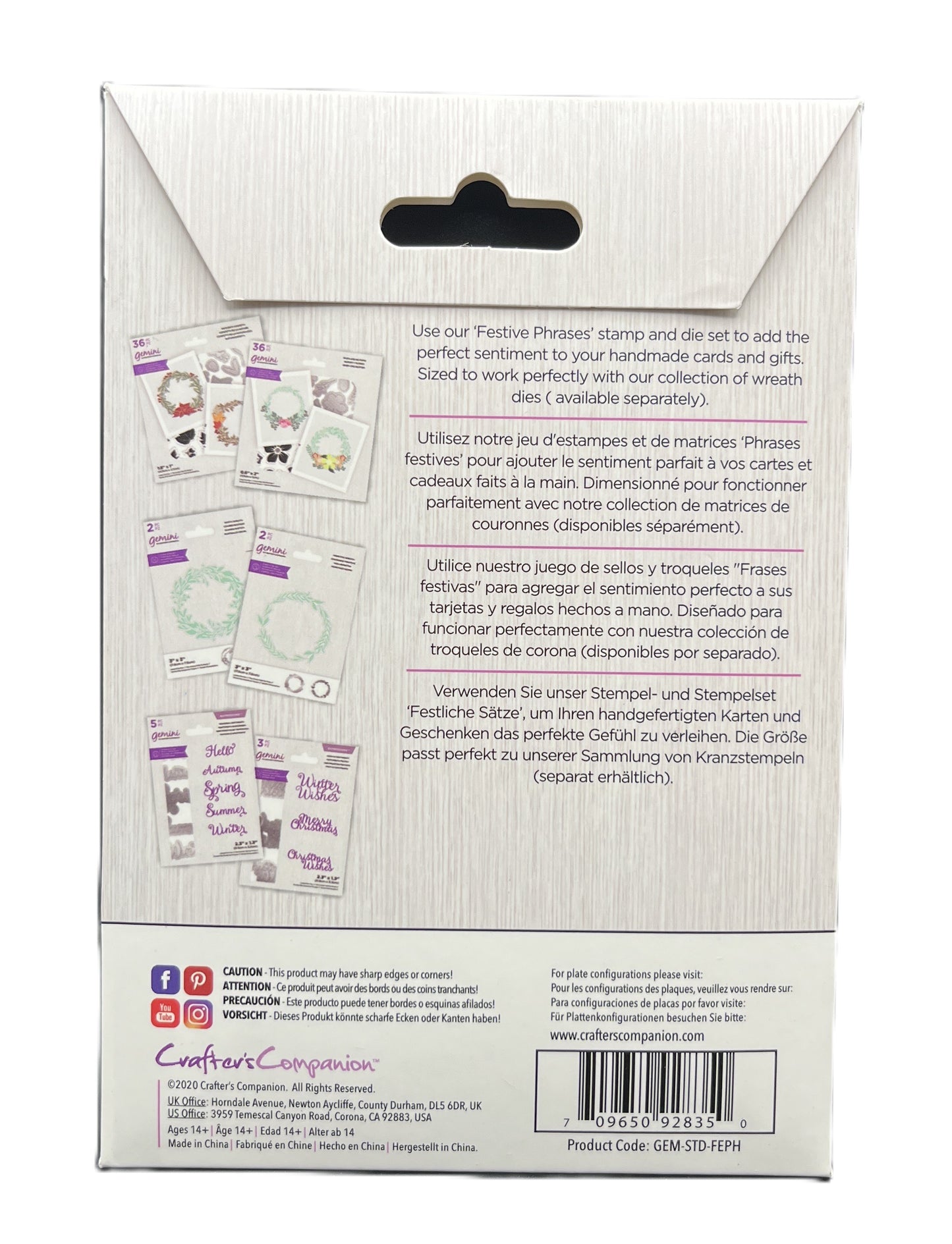 Product packaging with stamps and die set on a white background