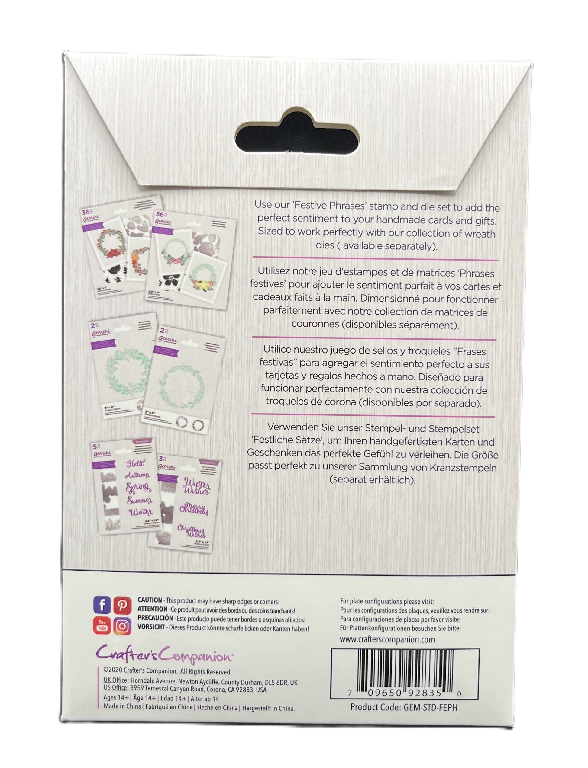 Product packaging with stamps and die set on a white background