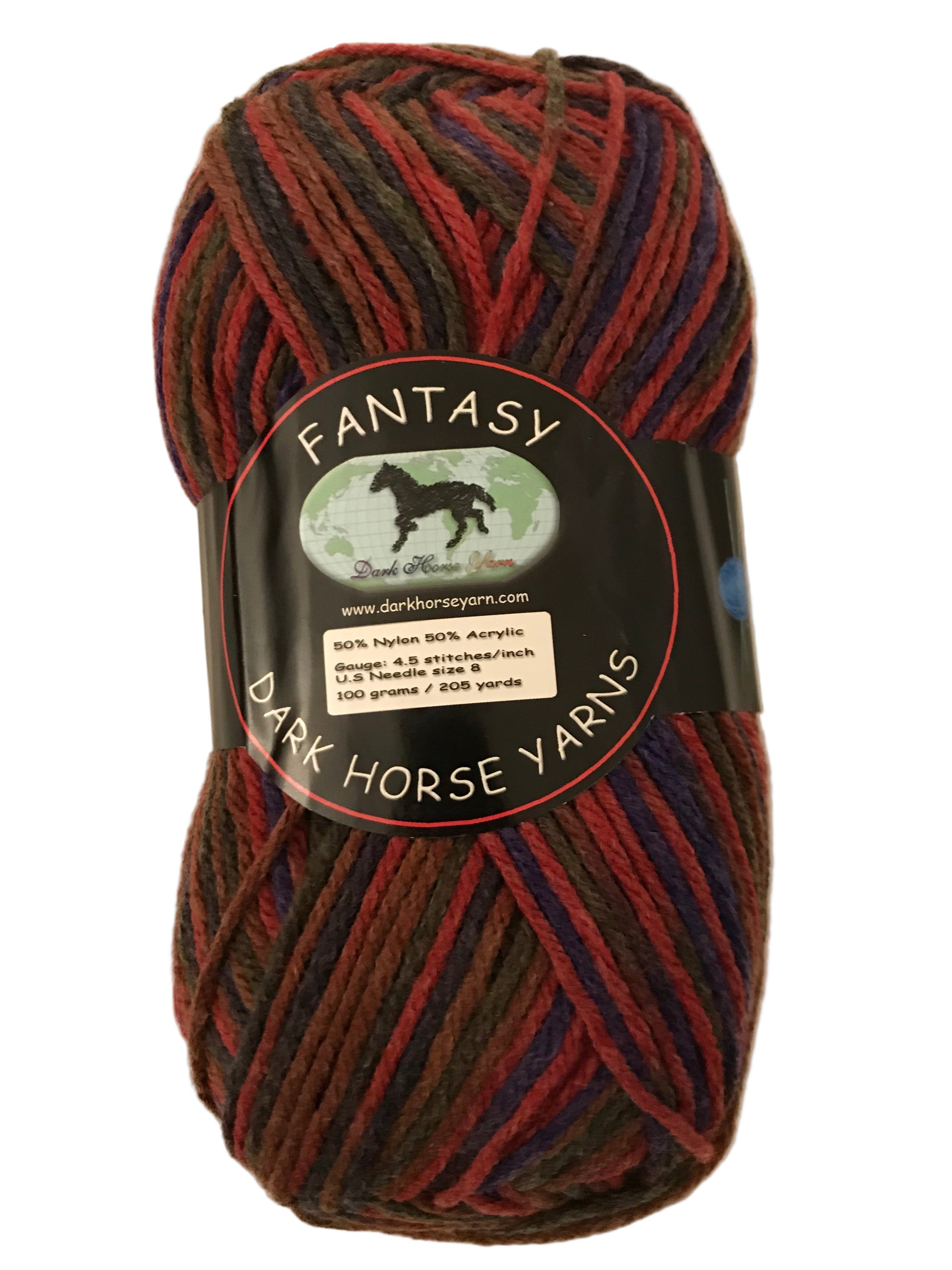 Multicolored skein of yarn with 'Fantasy' label on a beige background