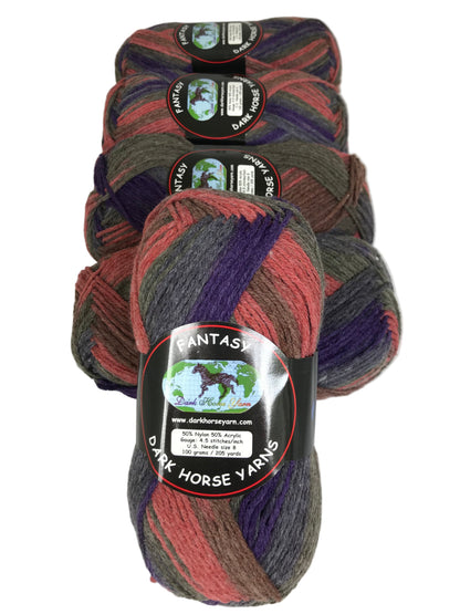 Three skeins of multicolored yarn with 'Fantasy Dark Horse Yarns' labels on a white background.