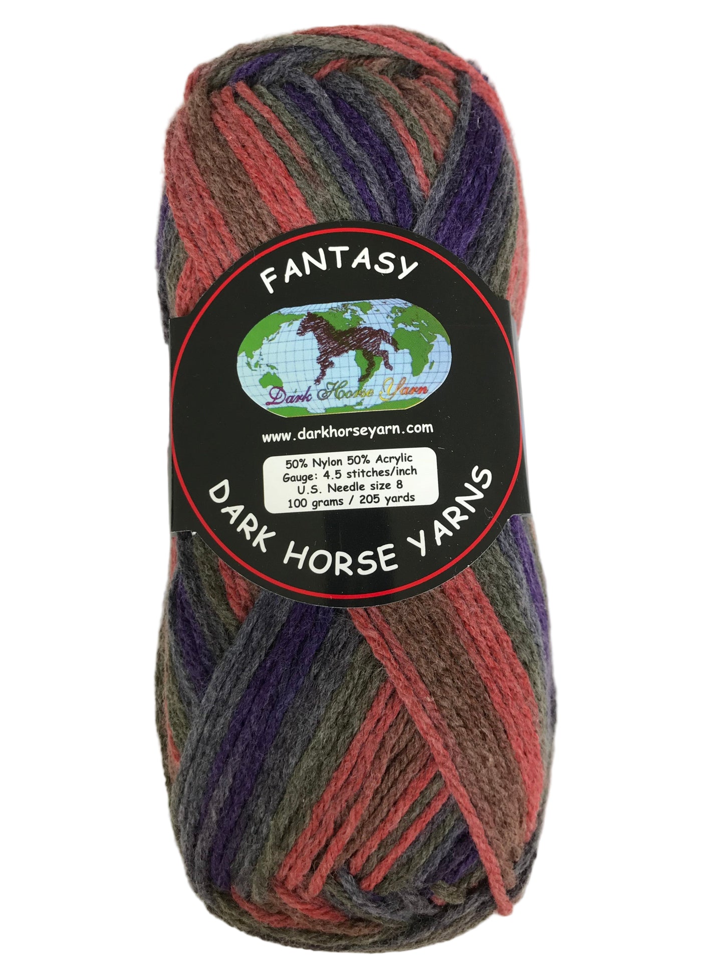 Multicolored skein of yarn with a Dark Horse Yarns label on a white background