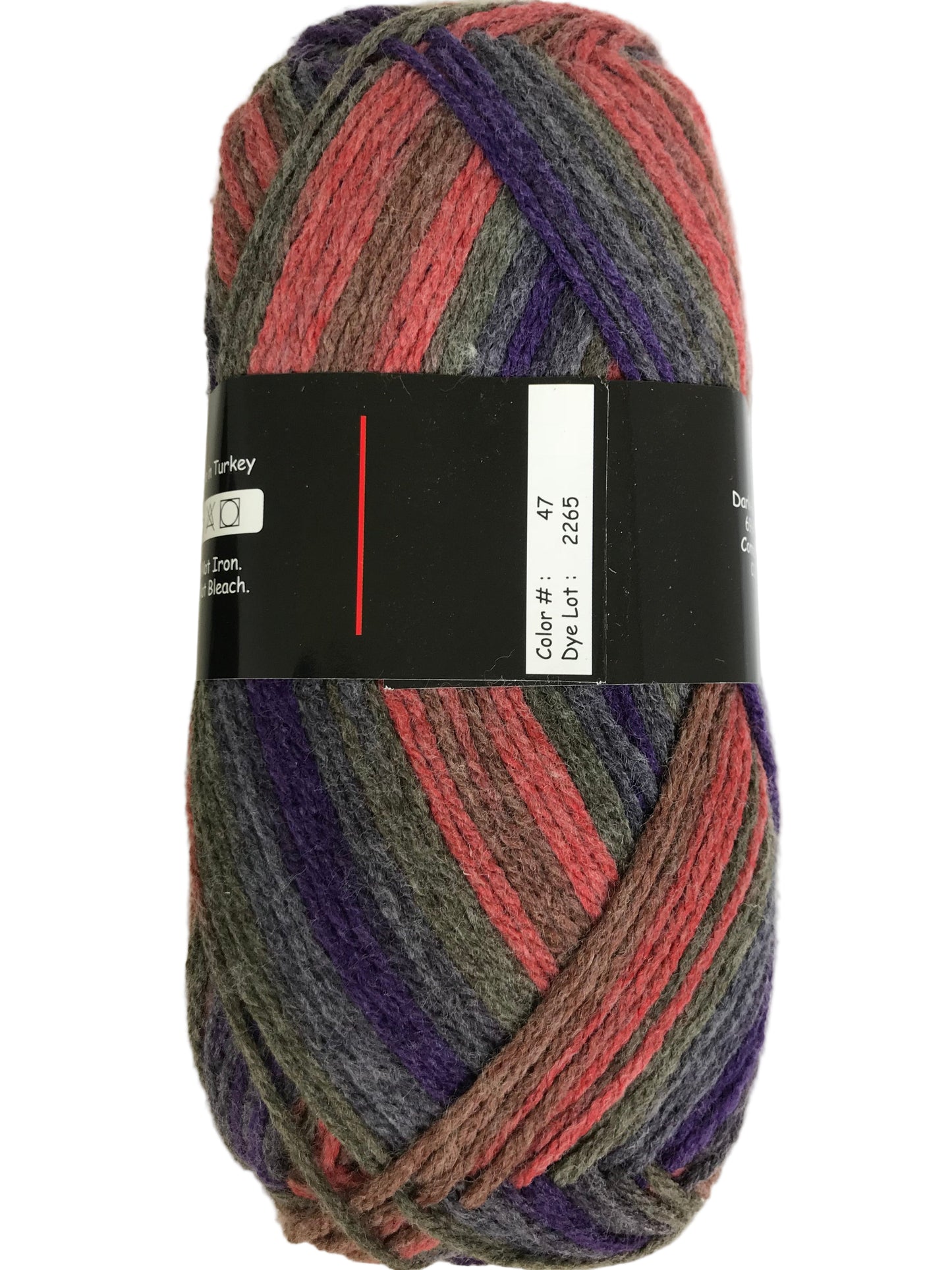 Multicolored skein of yarn with a label on a white background