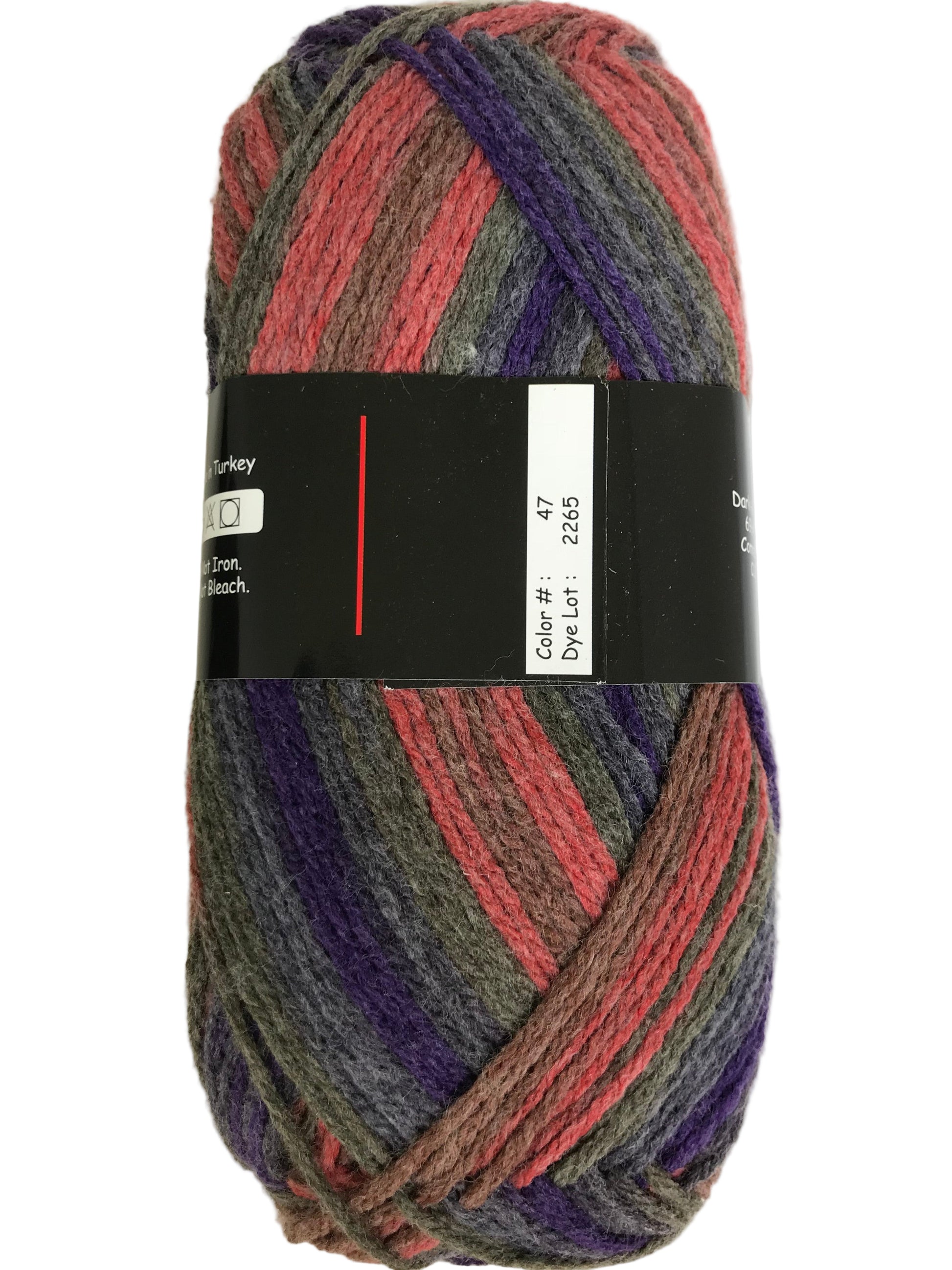 Multicolored skein of yarn with a label on a white background