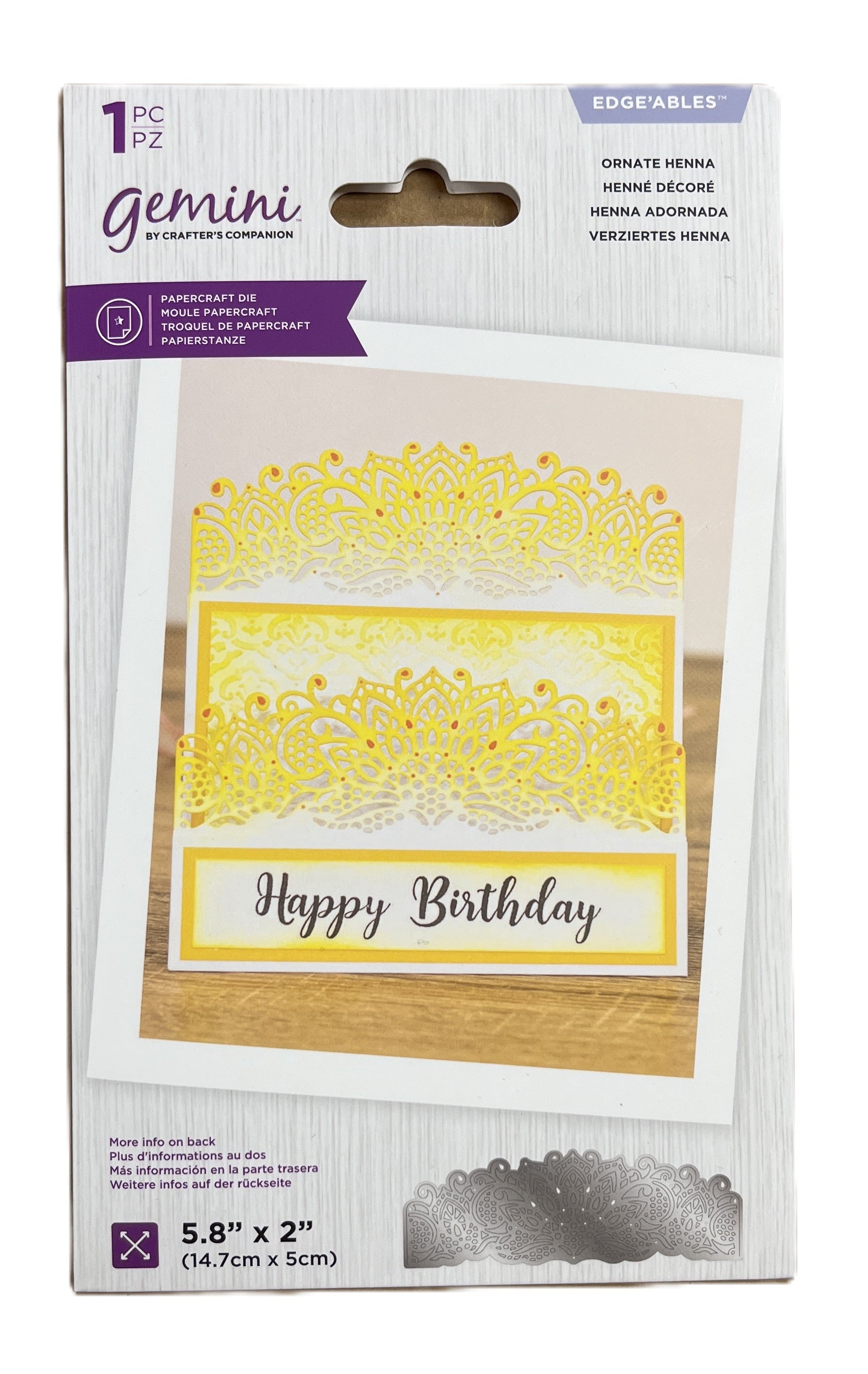 Packaged die cut with 'Happy Birthday' text and yellow design on a white background
