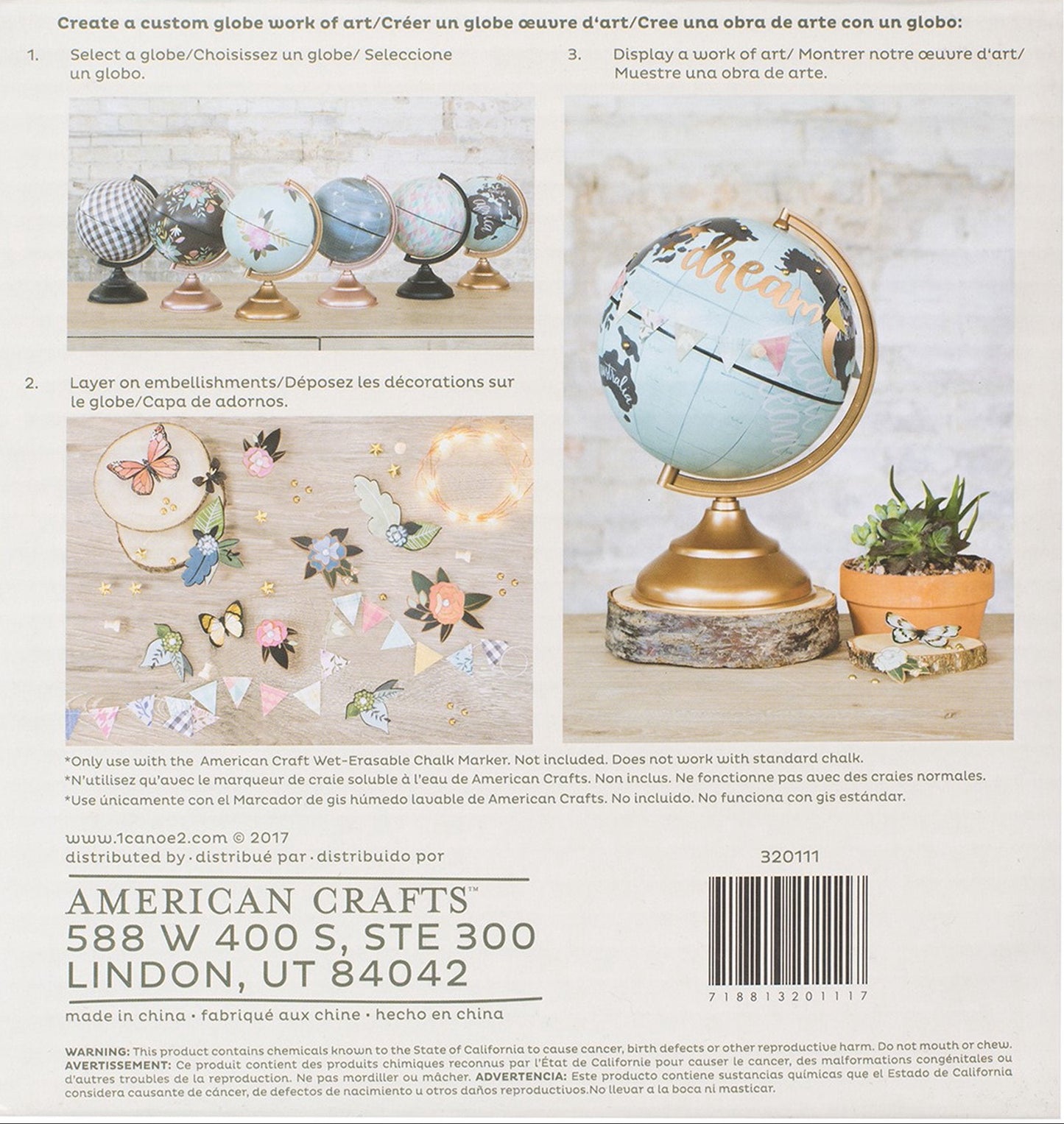 Back of a product packaging for American Crafts with instructions on creating a custom globe artwork.