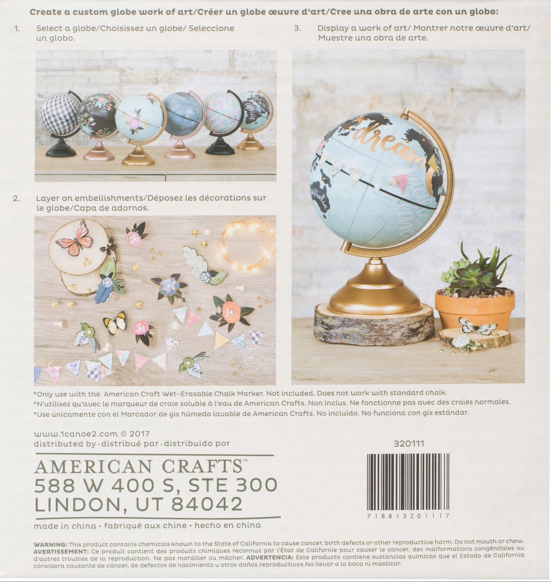 Back of a product packaging for American Crafts with instructions on creating a custom globe artwork.
