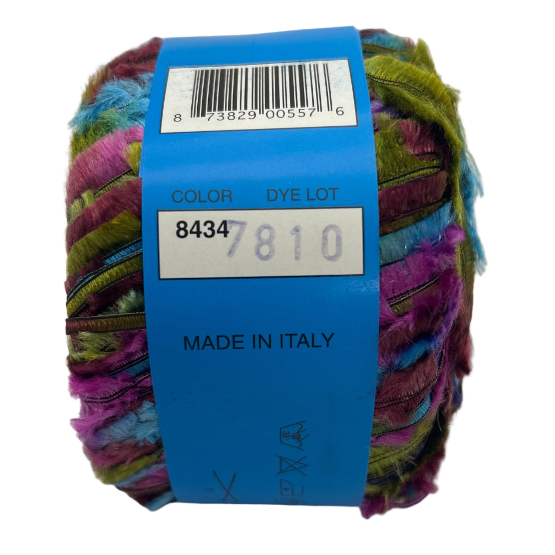 Multicolored yarn ball with a blue label on a white background