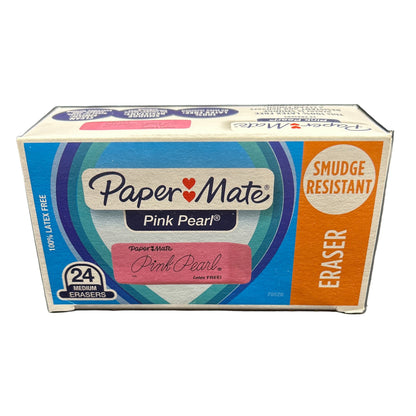 Box of Paper Mate Pink Pearl erasers on a white background