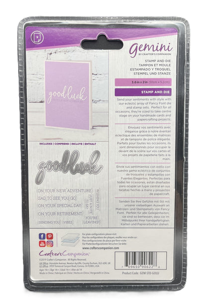 Packaging of Gemini stamp and die set with 'good luck' text on a white background