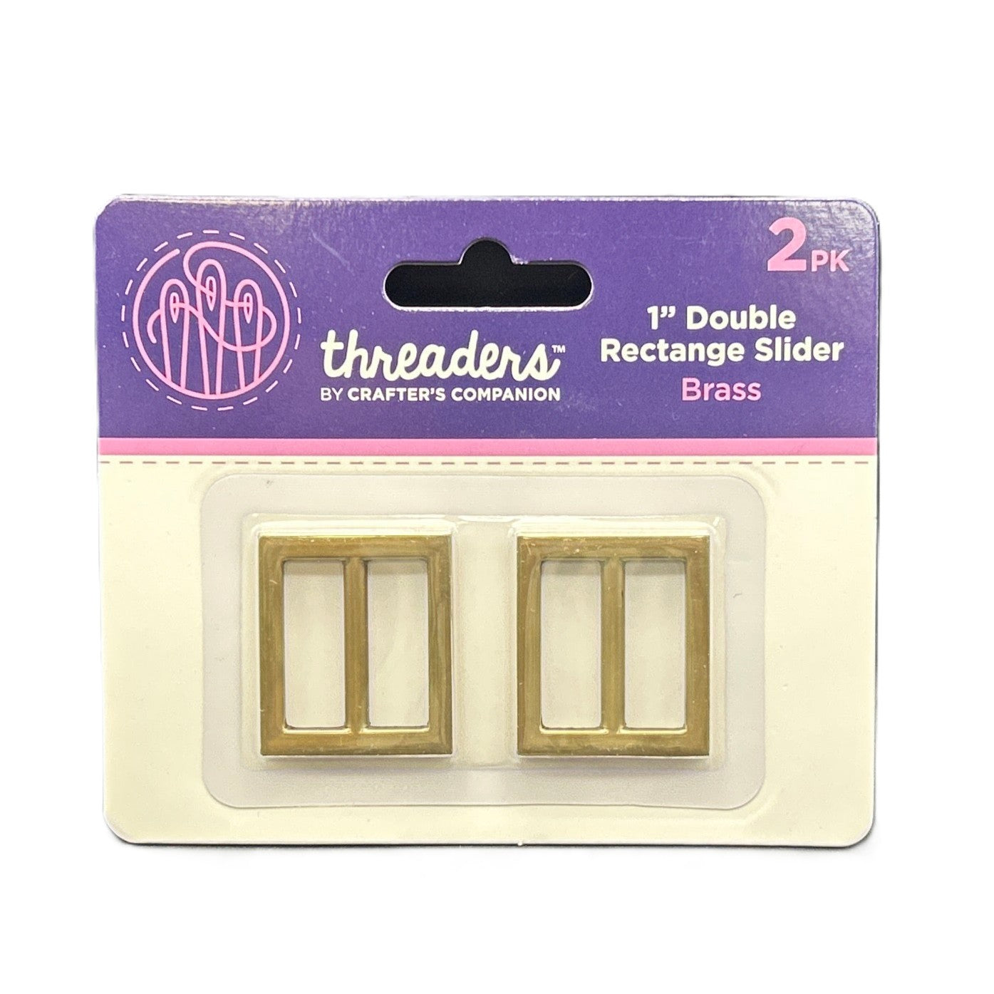 Packaging of Threaders by Crafter's Companion brass double rectangle sliders on a white background