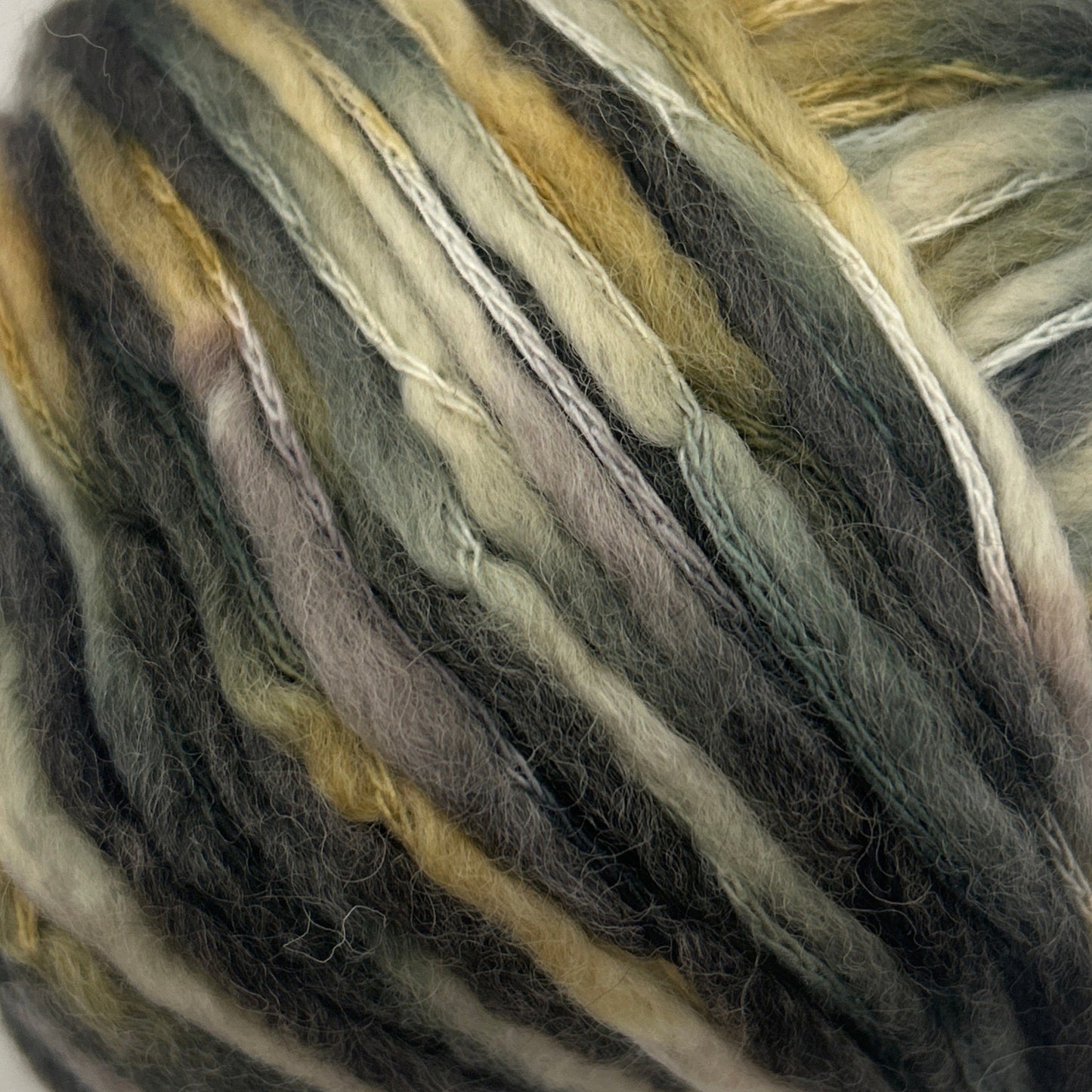 Ball of multicolored yarn on a white background