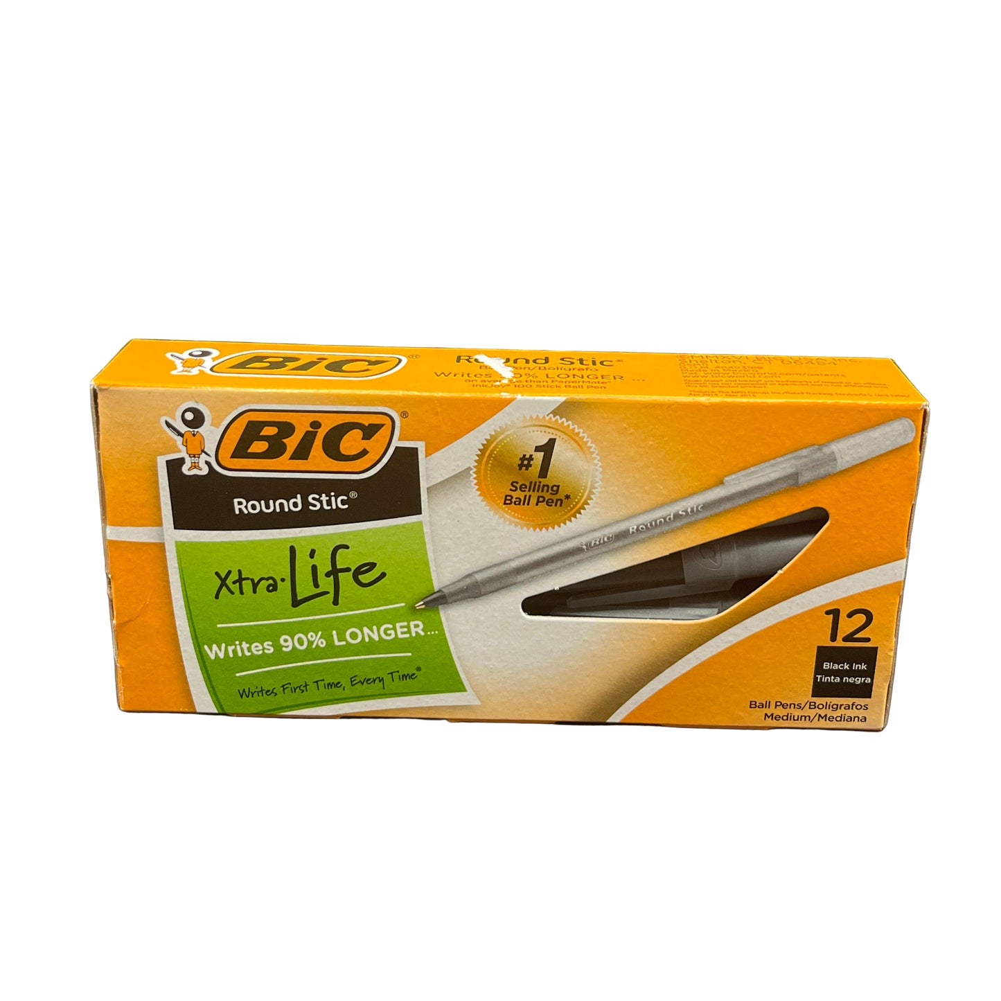 Box of BIC Round Stic Xtra Life ballpoint pens on a white background