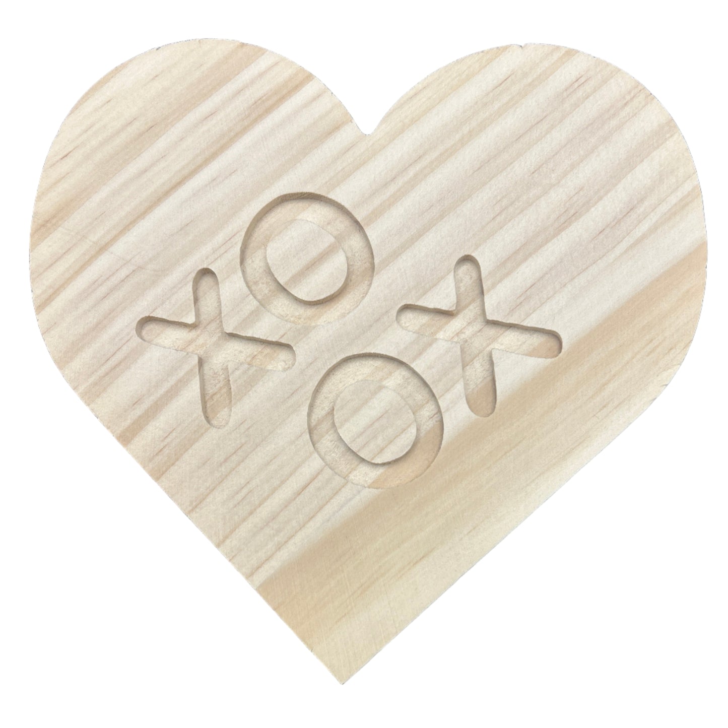 Wooden heart-shaped cutting board with 'XO' engraving on a dark surface
