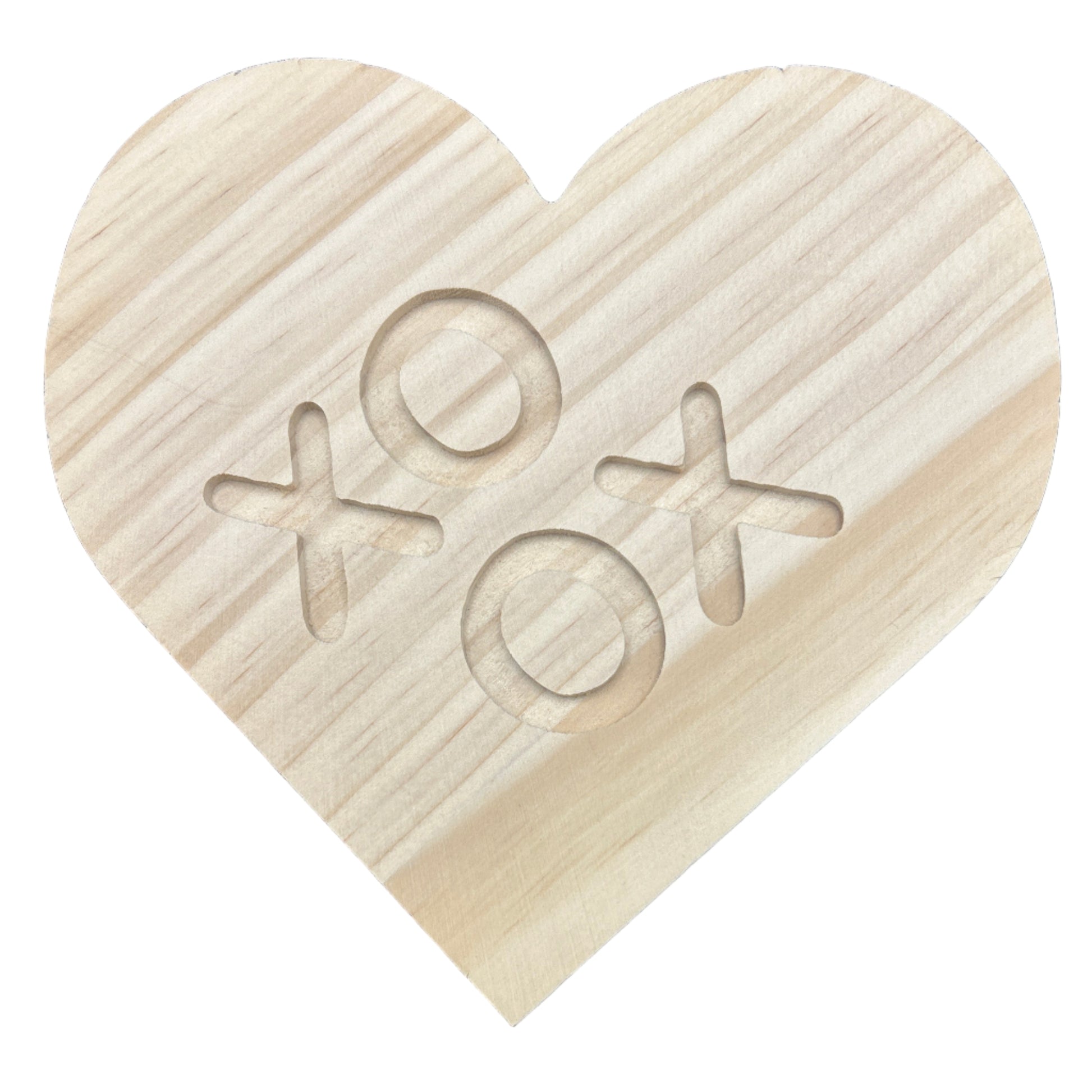 Wooden heart-shaped cutting board with 'XO' engraving on a dark surface
