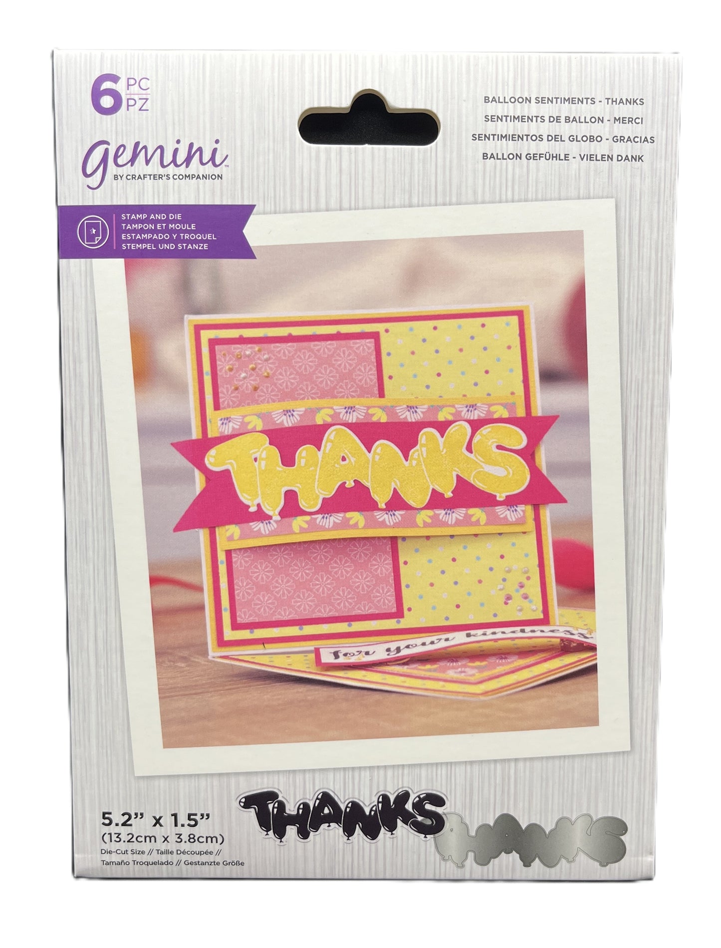 Packaging of Gemini balloon sentiments with a 'THANKS' card on a white background
