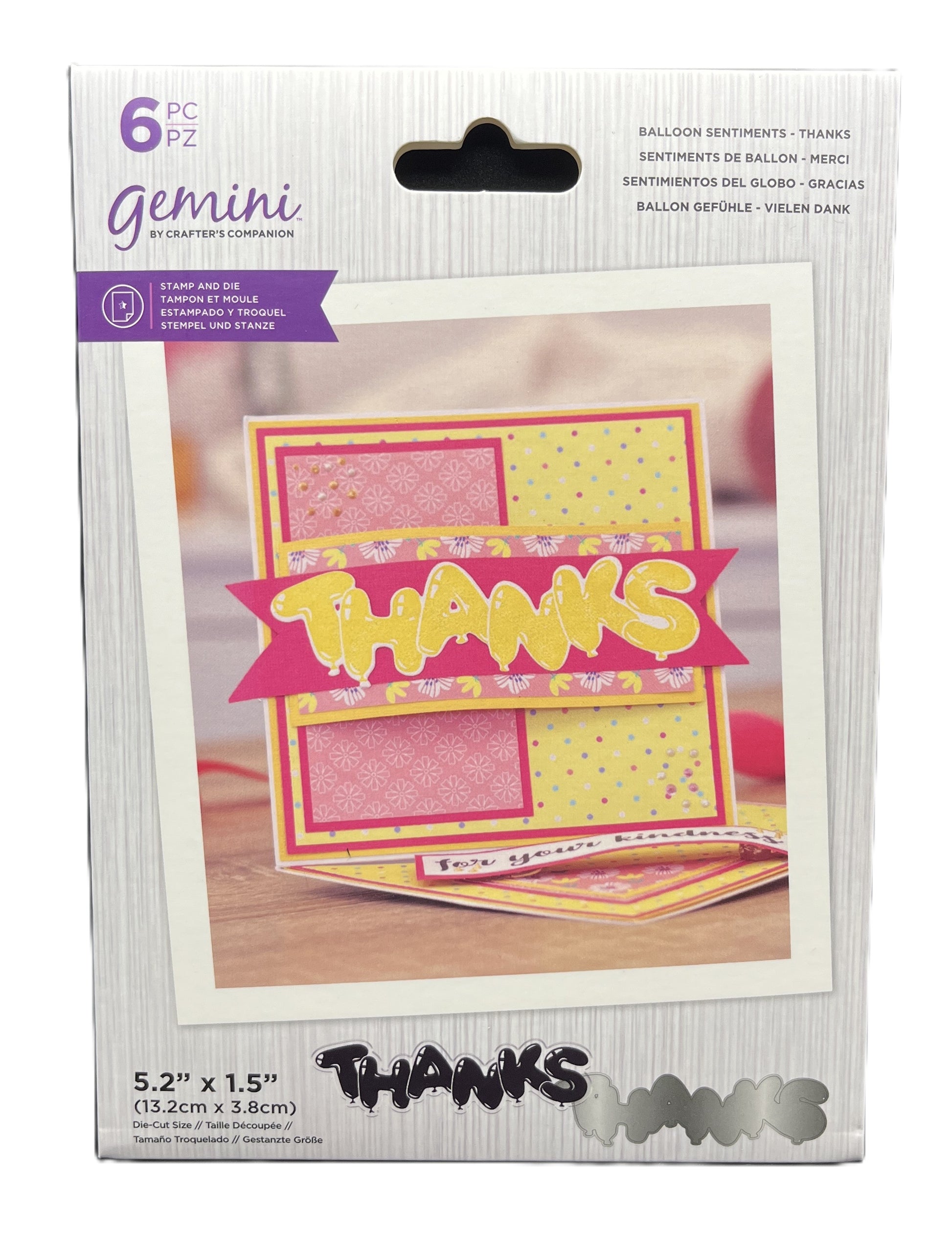 Packaging of Gemini balloon sentiments with a 'THANKS' card on a white background