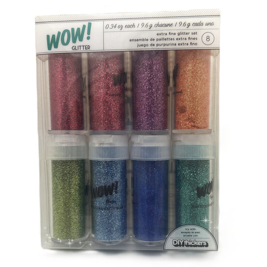 Packaged set of WOW! Glitter in various colors on a white background