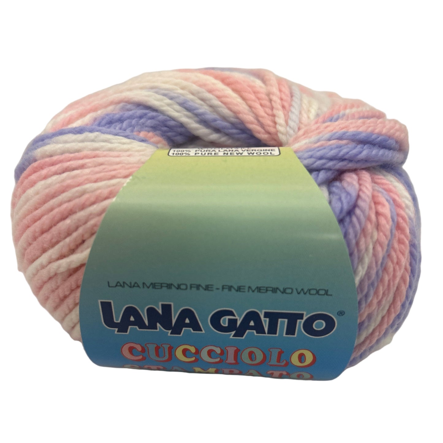 Ball of yarn with a visible label on a light background